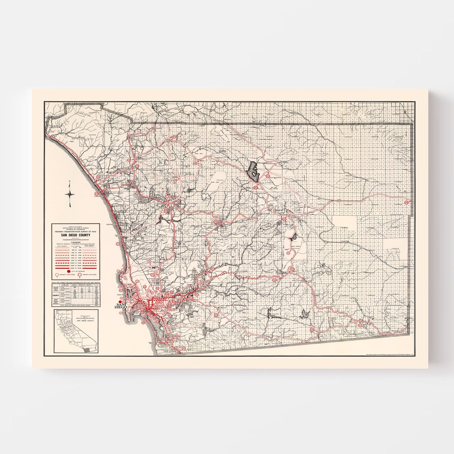 Vintage Map of San Diego County, California, 1935 III