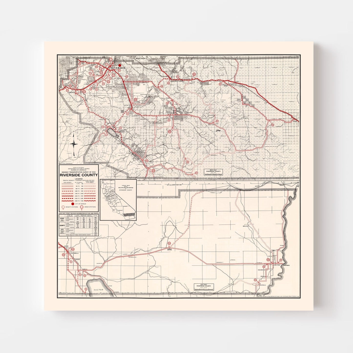 Vintage Map of Riverside County, California, 1935