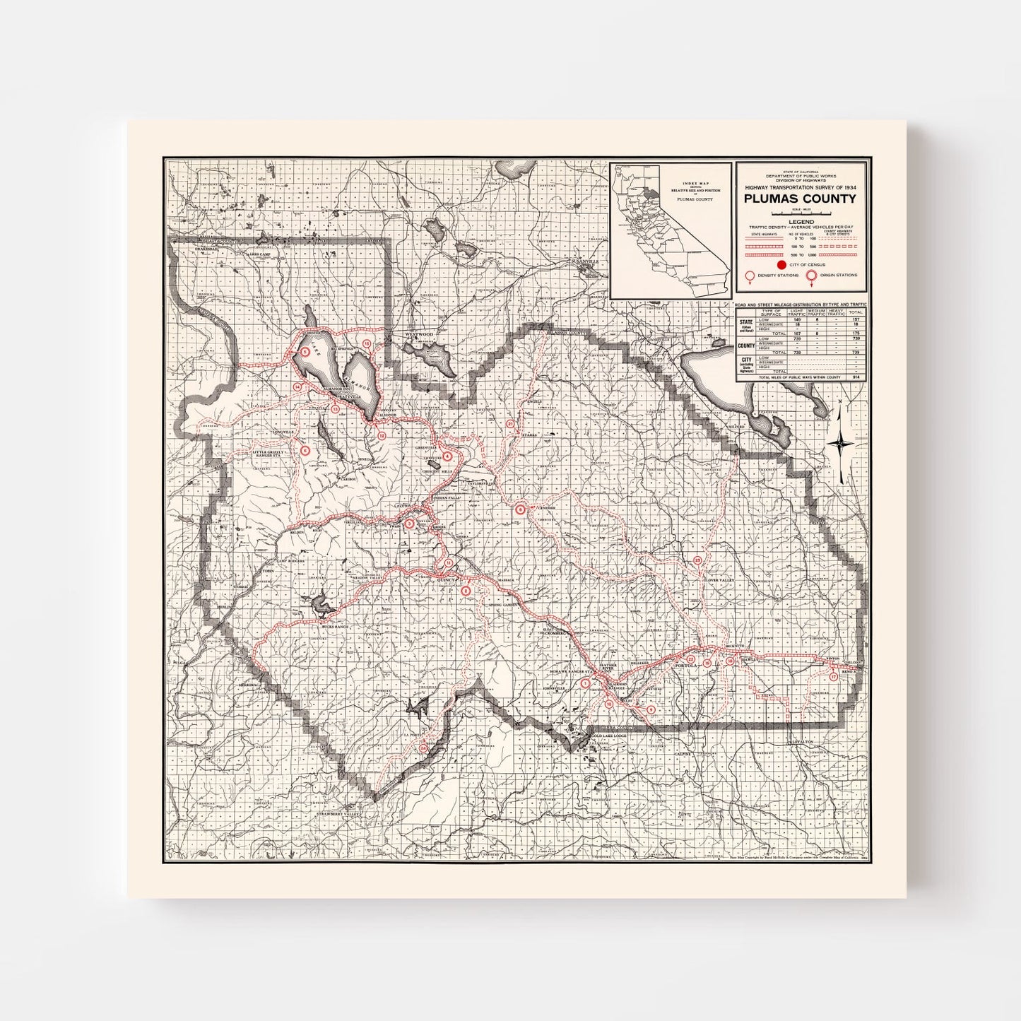 Vintage Map of Plumas County, California, 1935