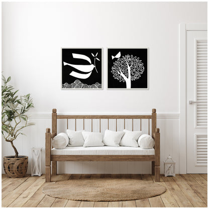 Black and White Linocut Birds Framed Canvas Art Set