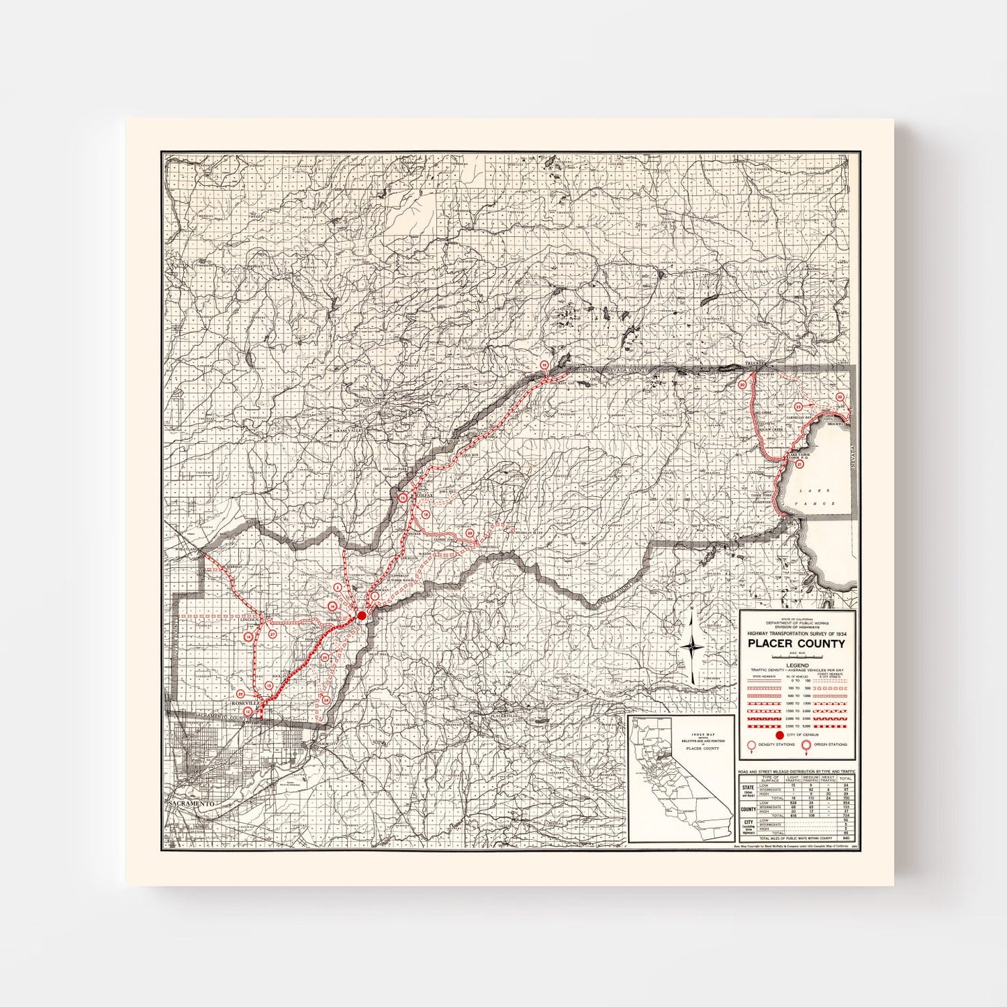 Vintage Map of Placer County, California, 1935