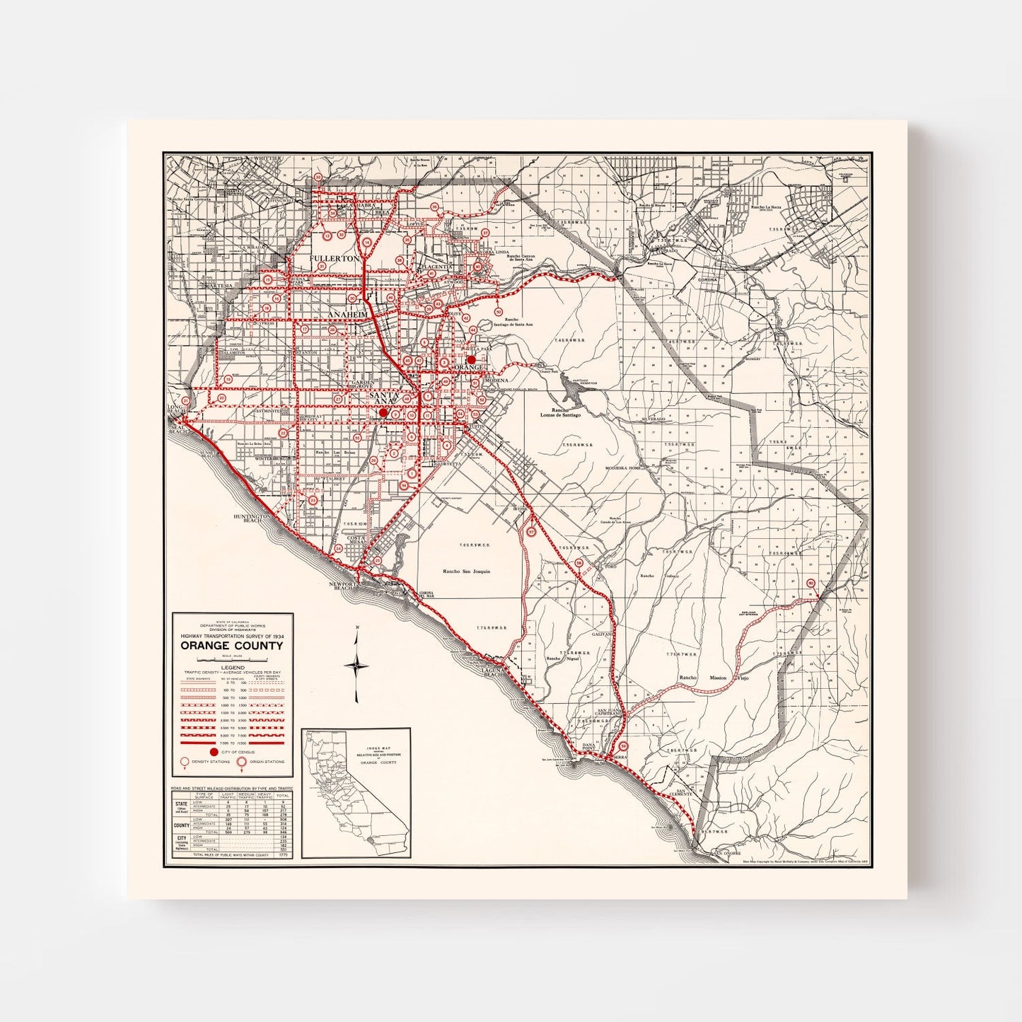 Vintage Map of Orange County, California, 1935