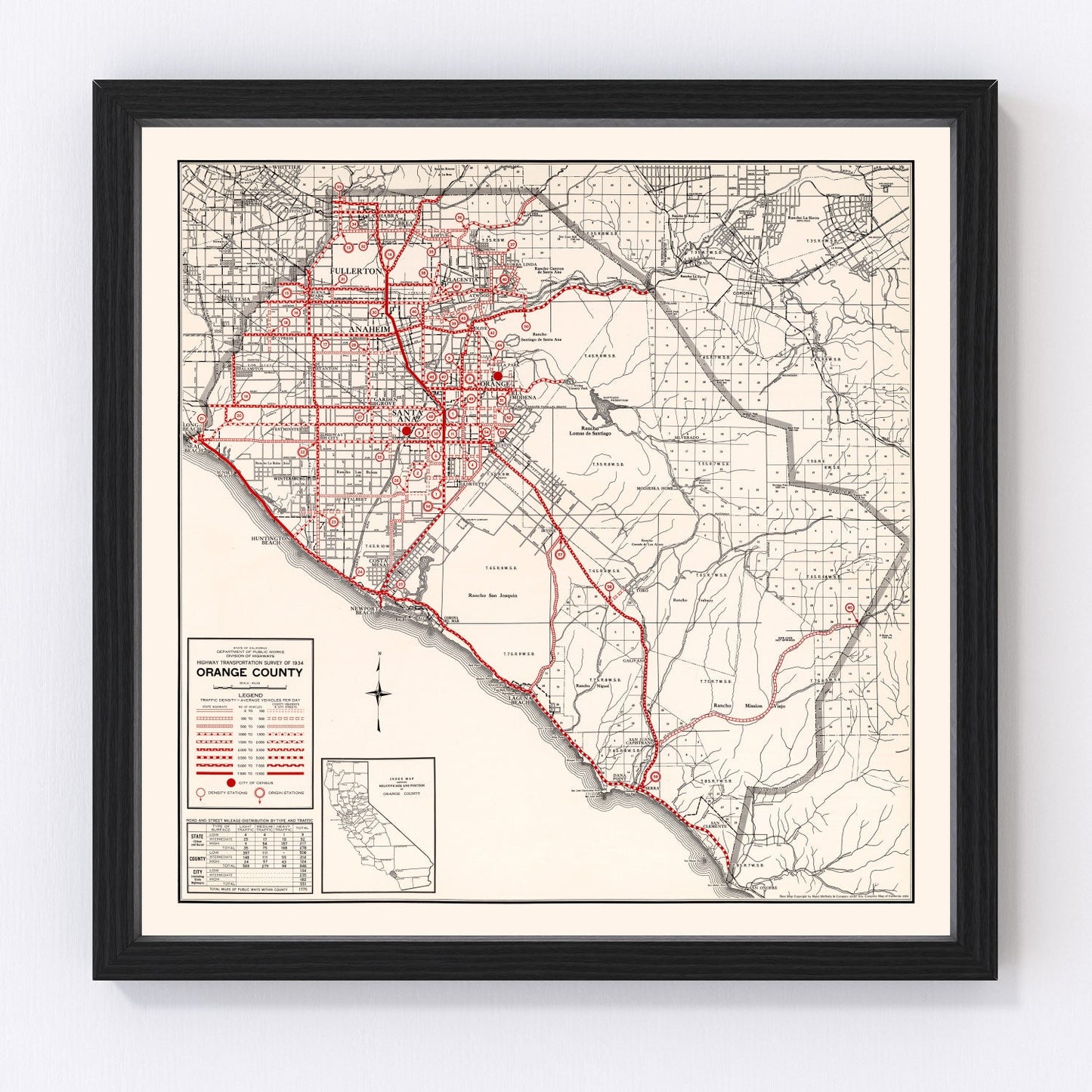 Vintage map of Orange County, California, 1935