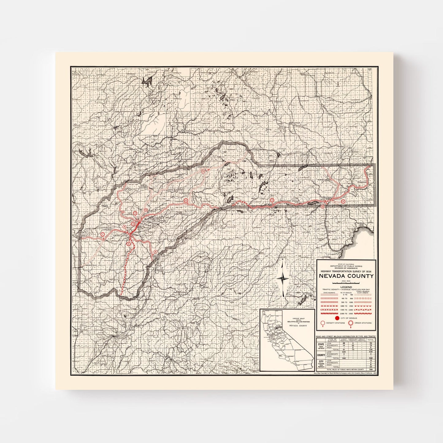 Vintage Map of Nevada County, California, 1935