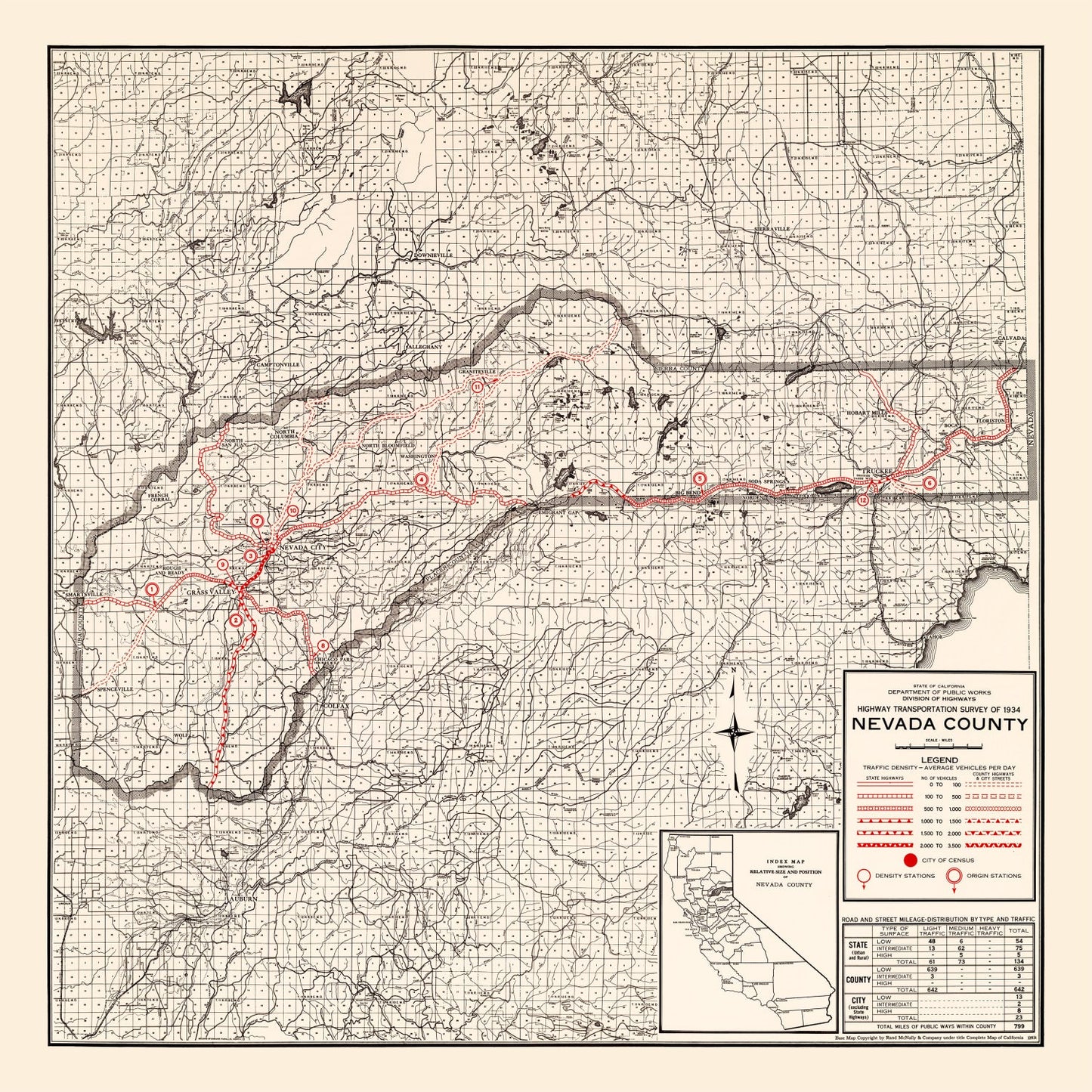 Vintage Map of Nevada County, California, 1935