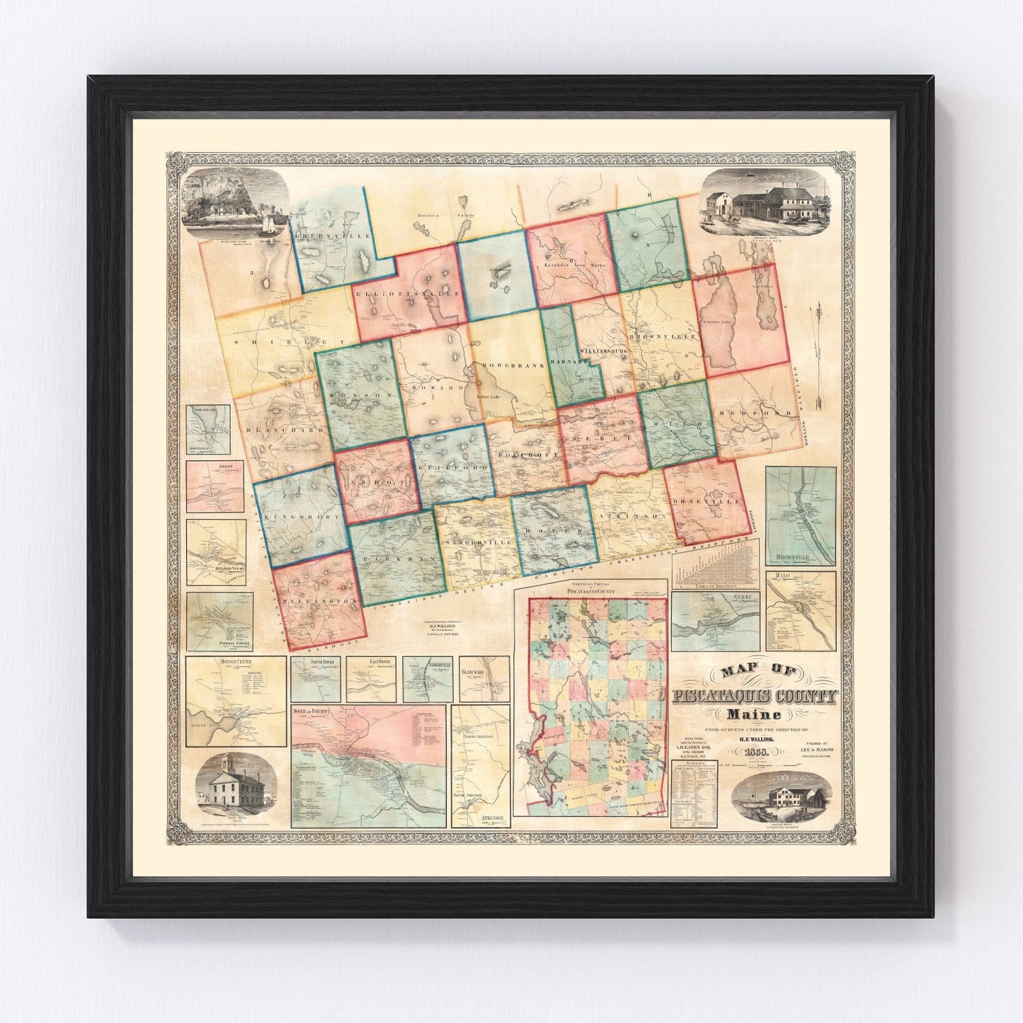 Vintage map of Piscataquis County, Maine, 1858