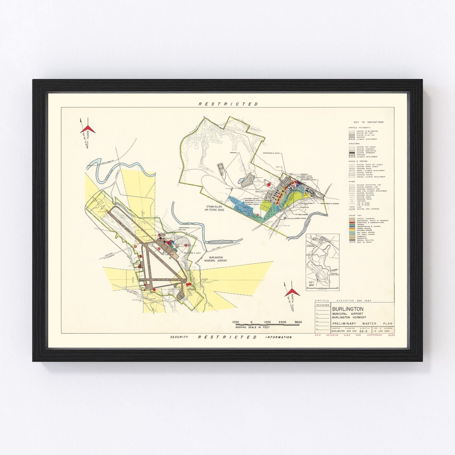Vintage map of Burlington Municipal Airport, Vermont, 1952