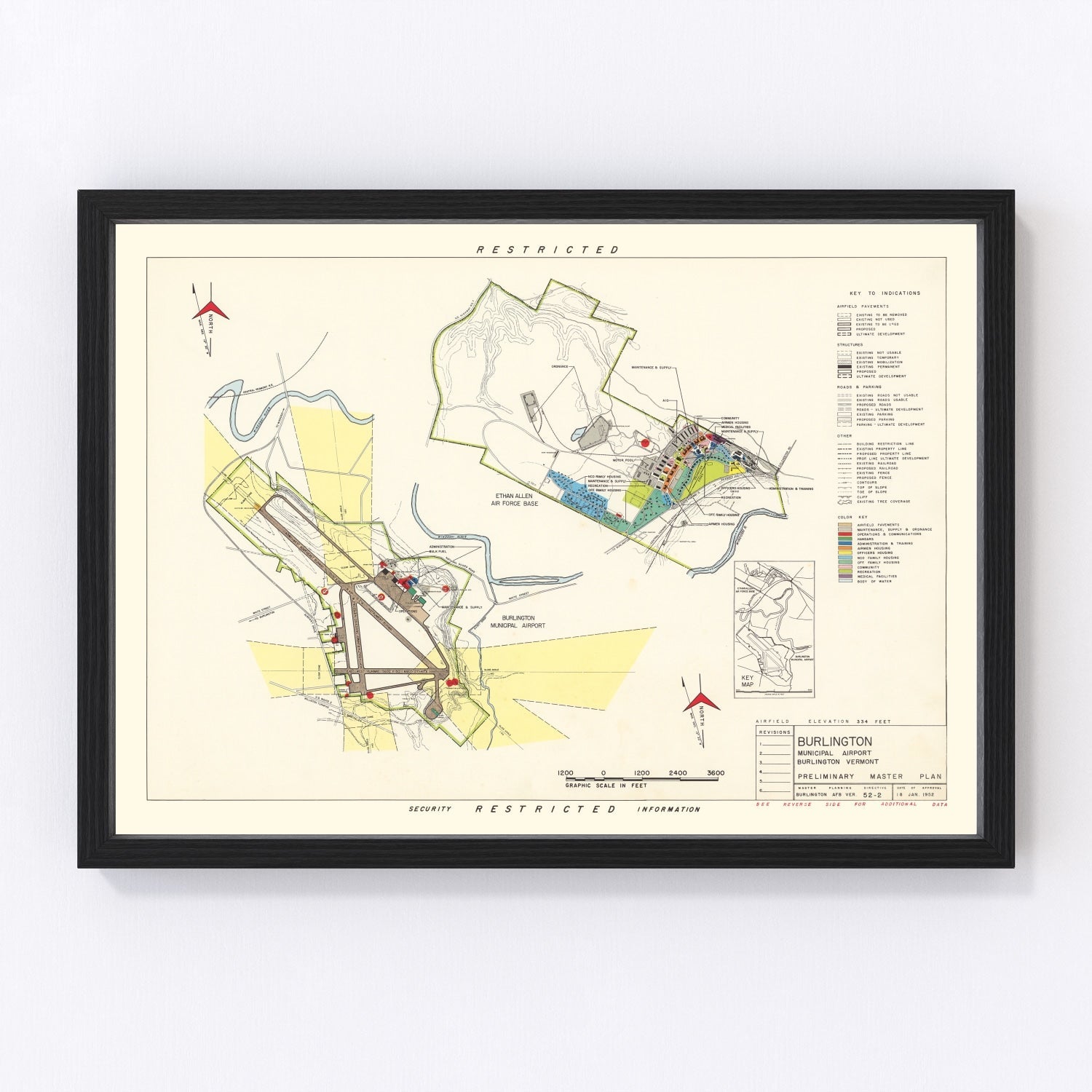 Vintage map of Burlington Municipal Airport, Vermont, 1952