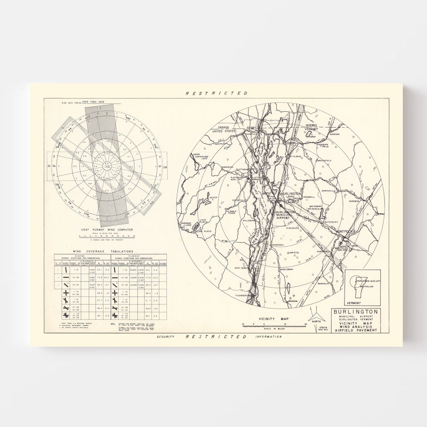 Vintage Map of Burlington Municipal Airport Vicinity, Vermont, 1952