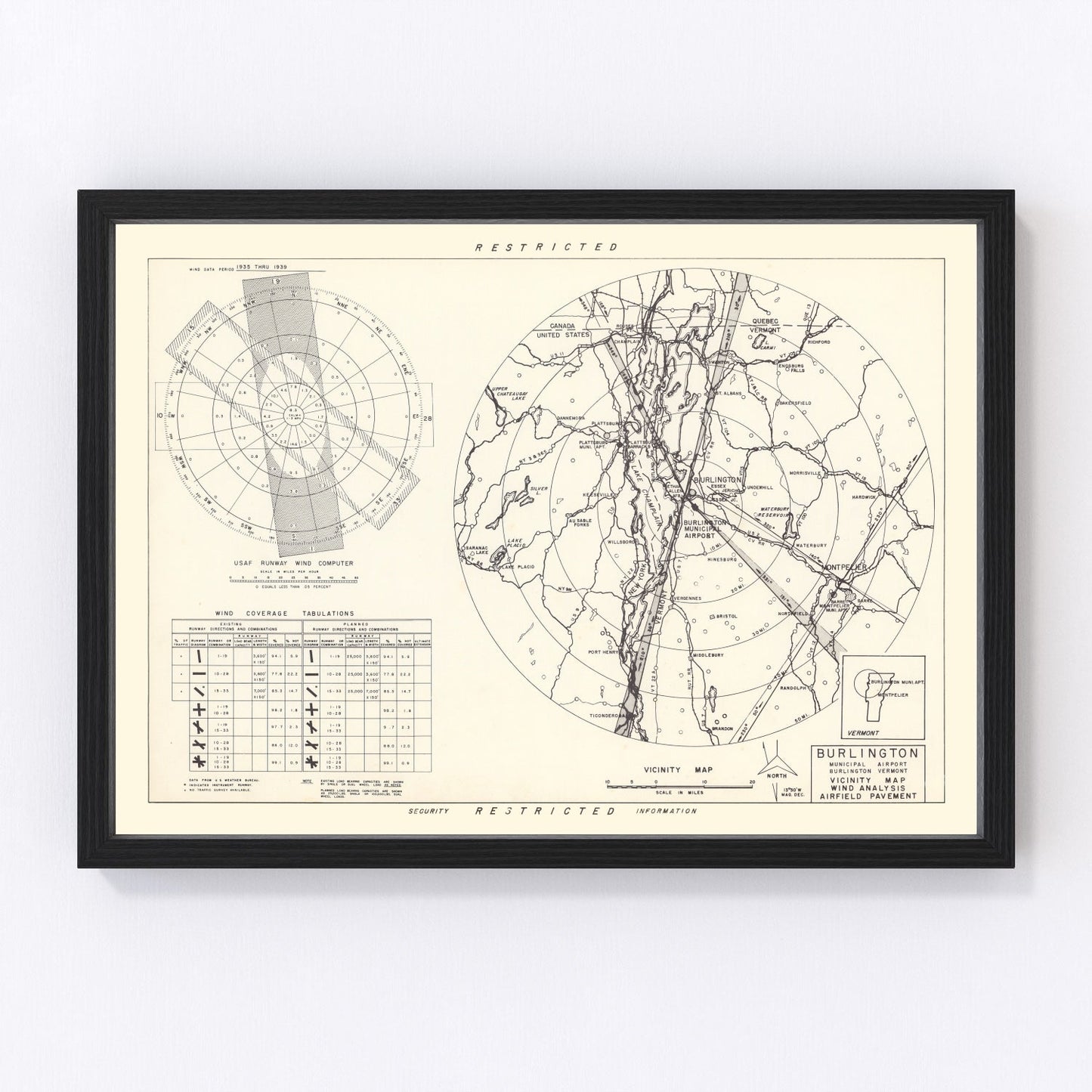 Vintage map of Burlington Municipal Airport vicinity, Vermont, 1952, Lake Champlain