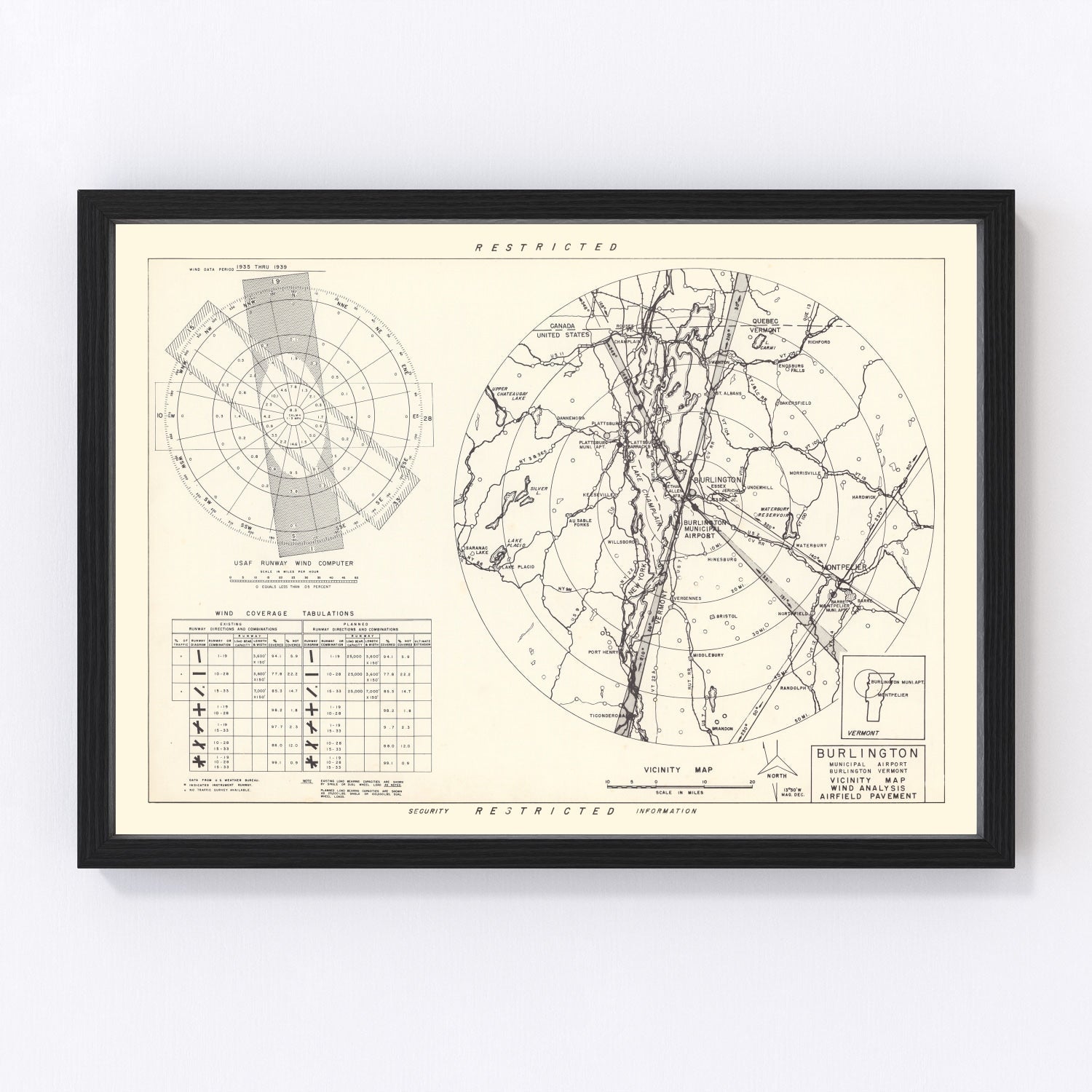 Vintage map of Burlington Municipal Airport vicinity, Vermont, 1952, Lake Champlain