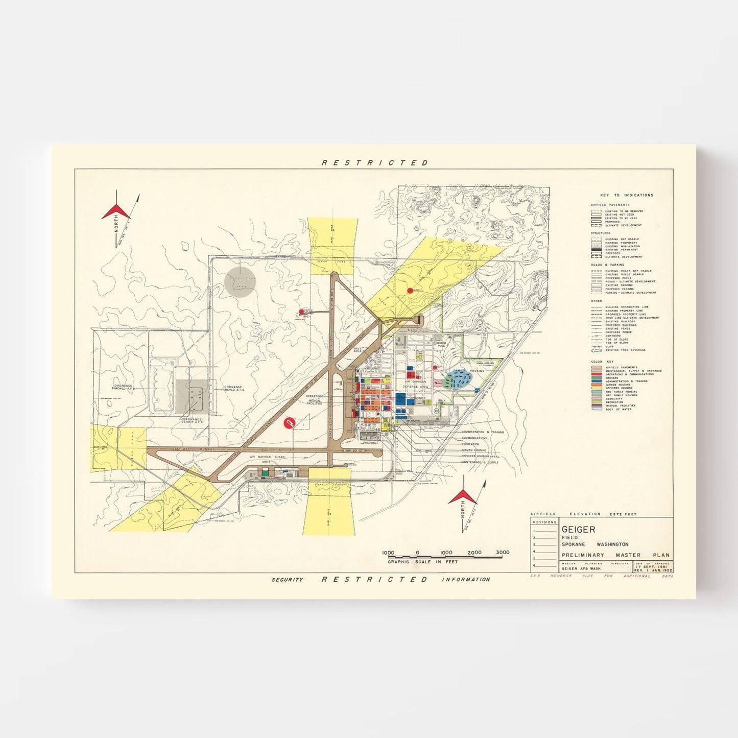 Vintage Map of Geiger Field, Spokane, 1952