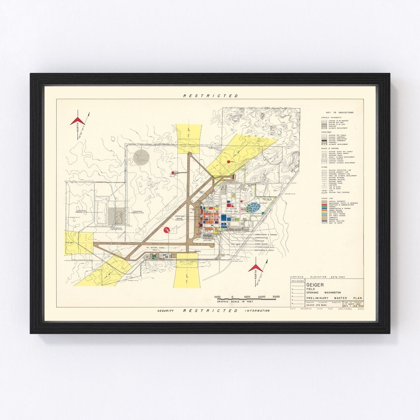Vintage map of Geiger Field, Spokane, 1952