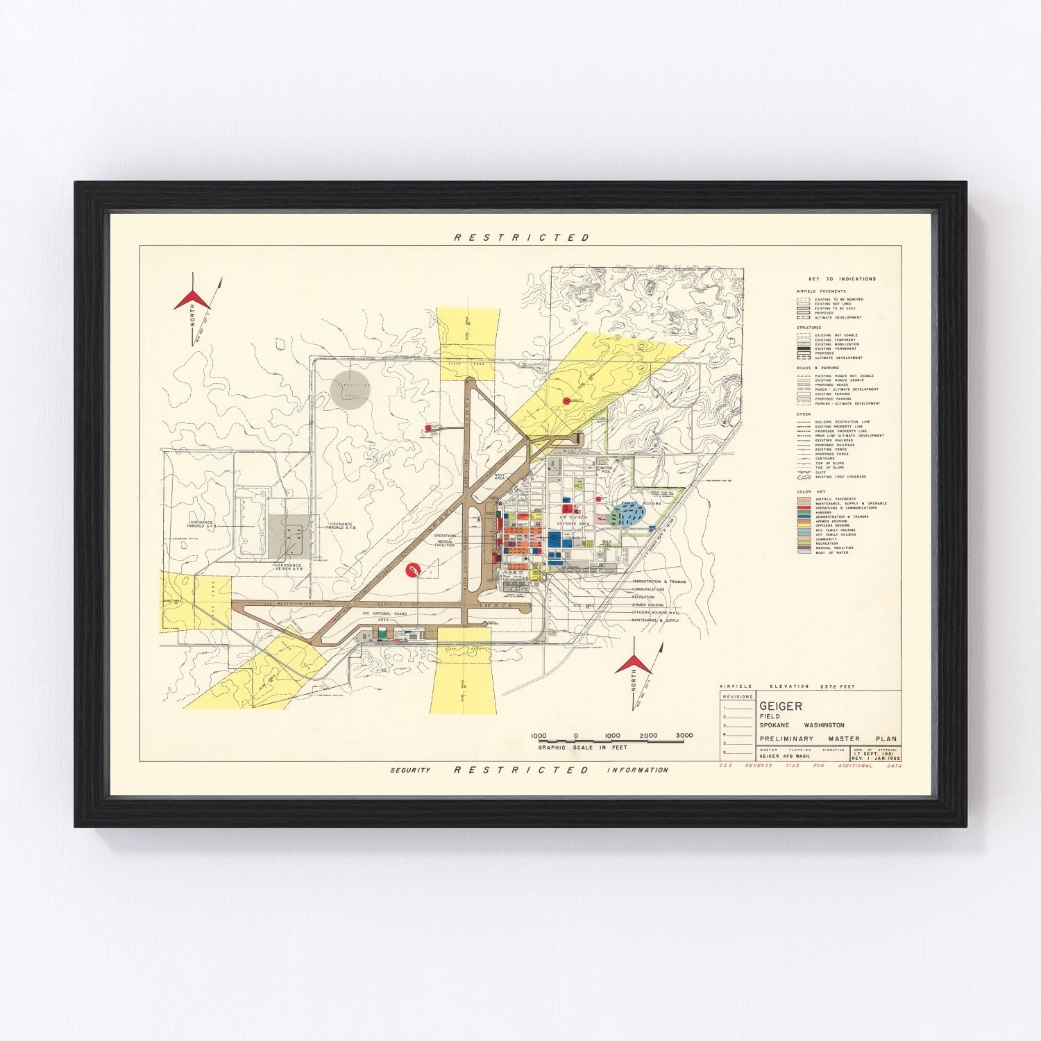 Vintage map of Geiger Field, Spokane, 1952
