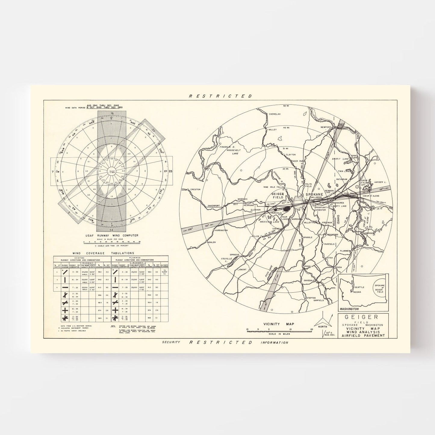 Vintage Map of Geiger Field Vicinity, Washington, 1952