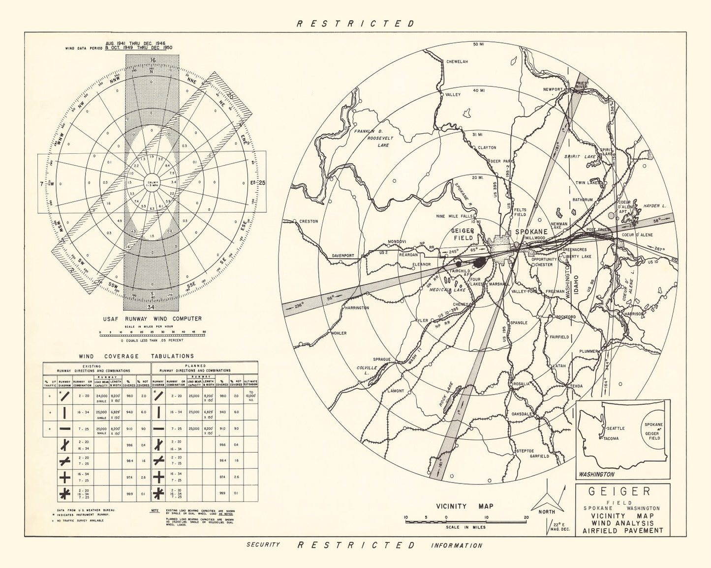 Vintage Map of Geiger Field Vicinity, Washington, 1952