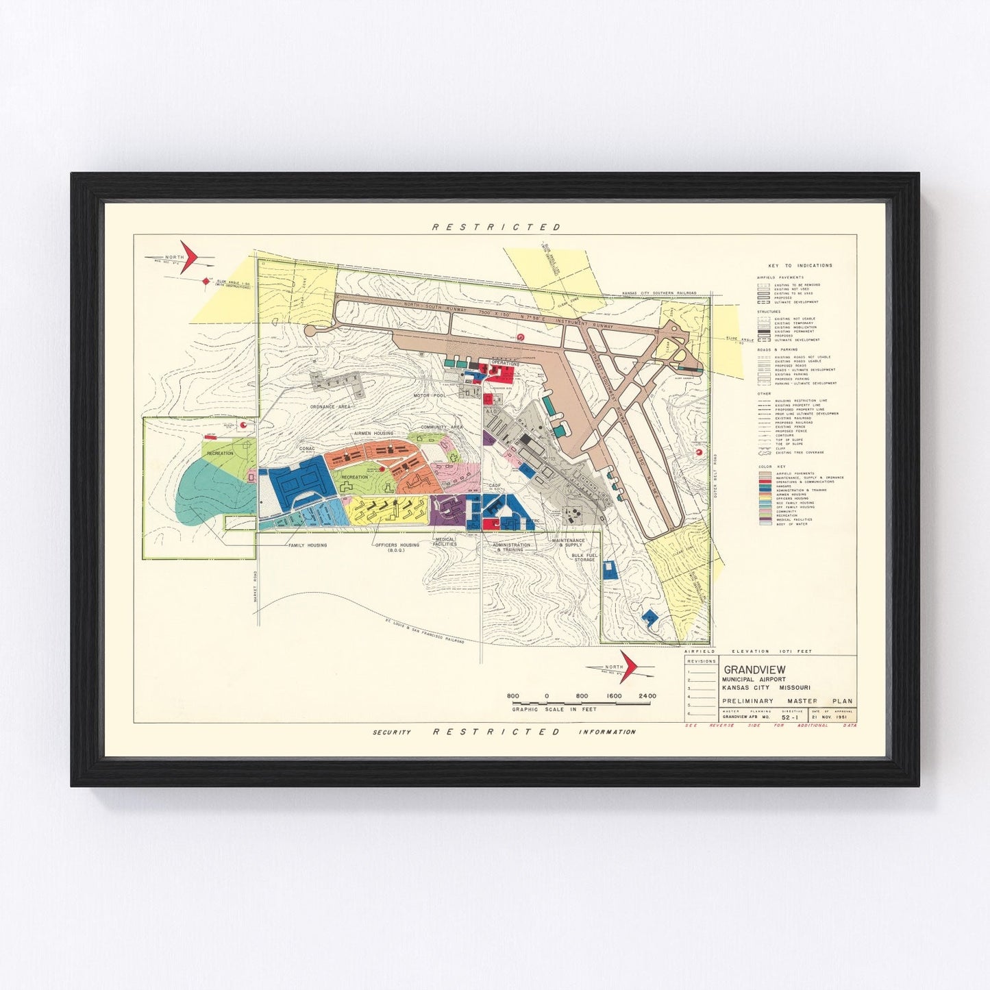 Vintage map of Grandview Municipal Airport, Kansas City, 1952