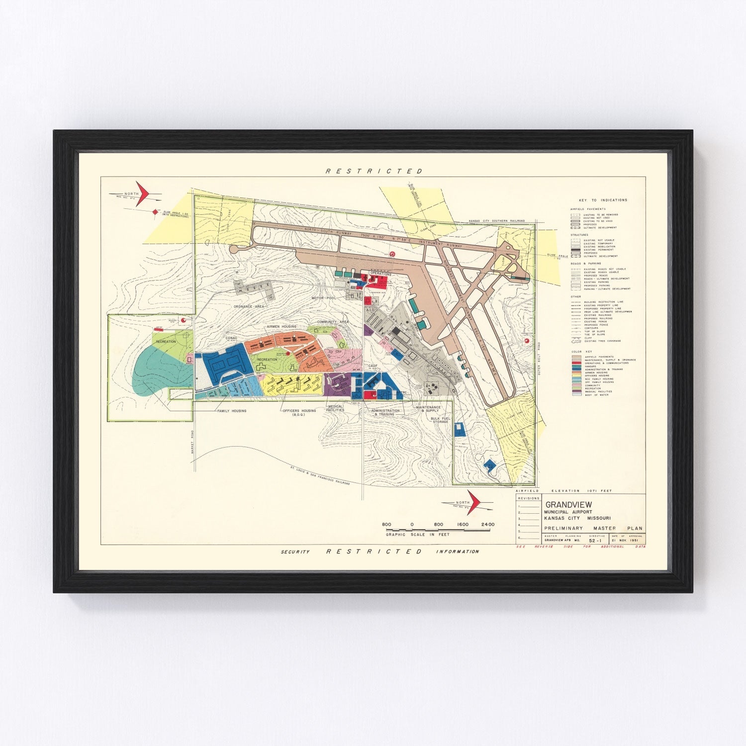 Vintage map of Grandview Municipal Airport, Kansas City, 1952