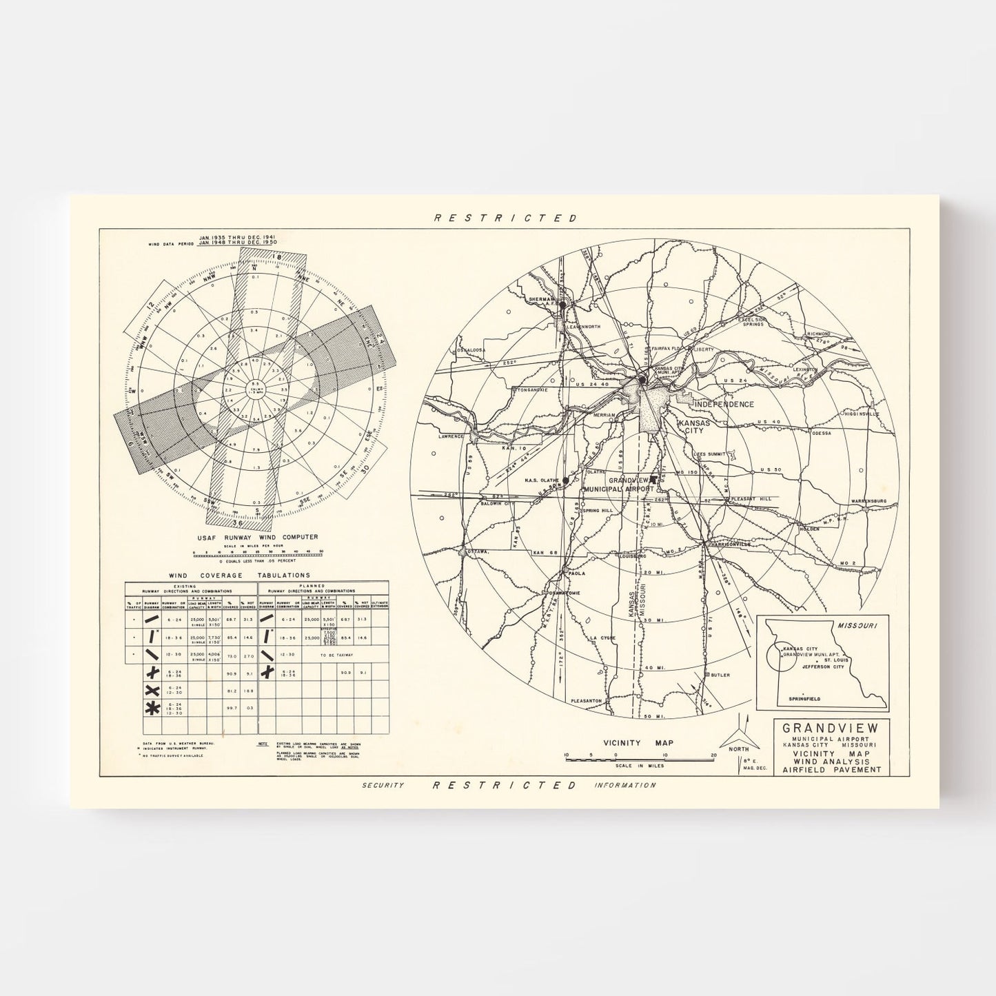 Vintage Map of Grandview Municipal Airport Vicinity, Missouri, 1952