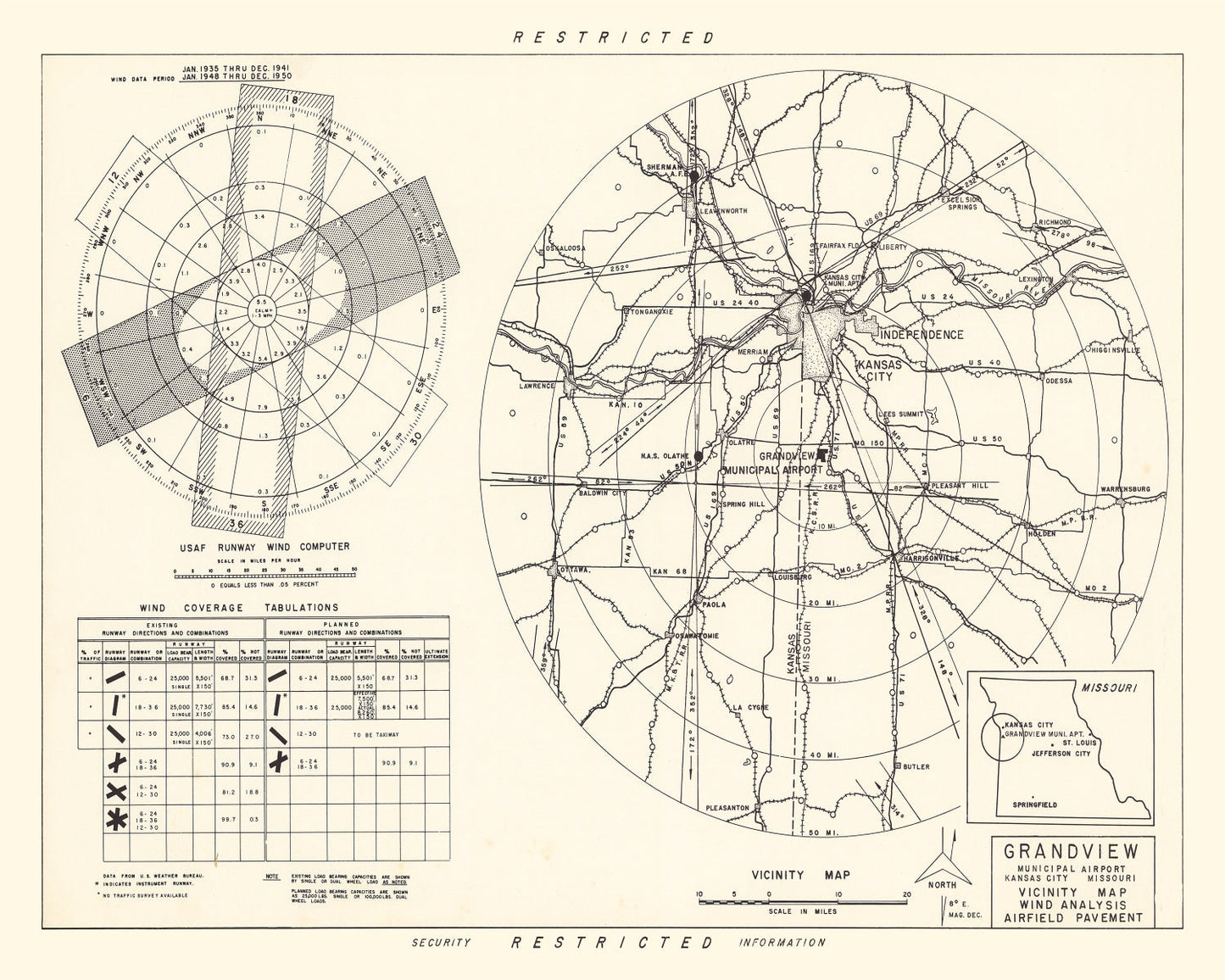 Vintage Map of Grandview Municipal Airport Vicinity, Missouri, 1952