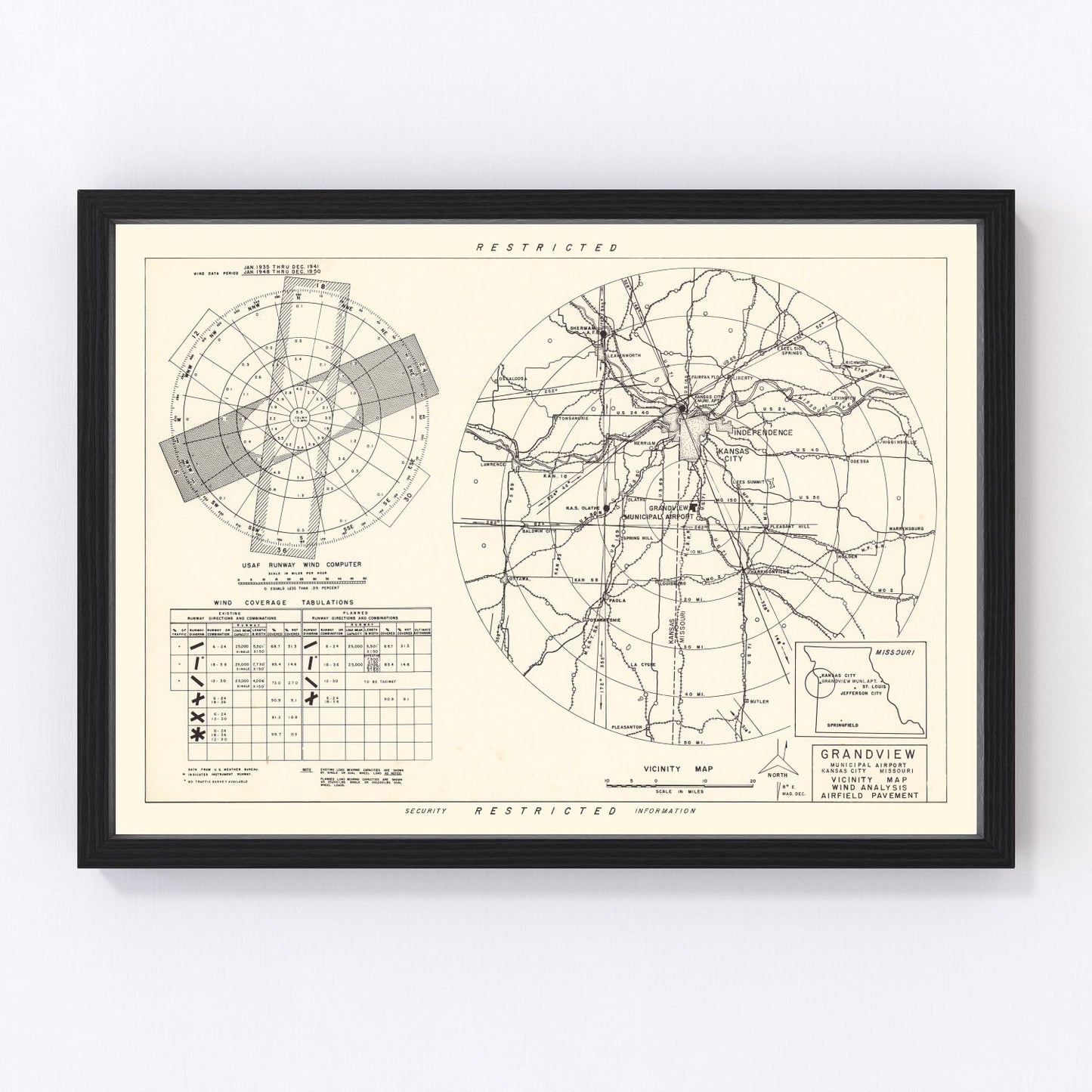 vintage map of Grandview Municipal Airport vicinity, Missouri, 1952