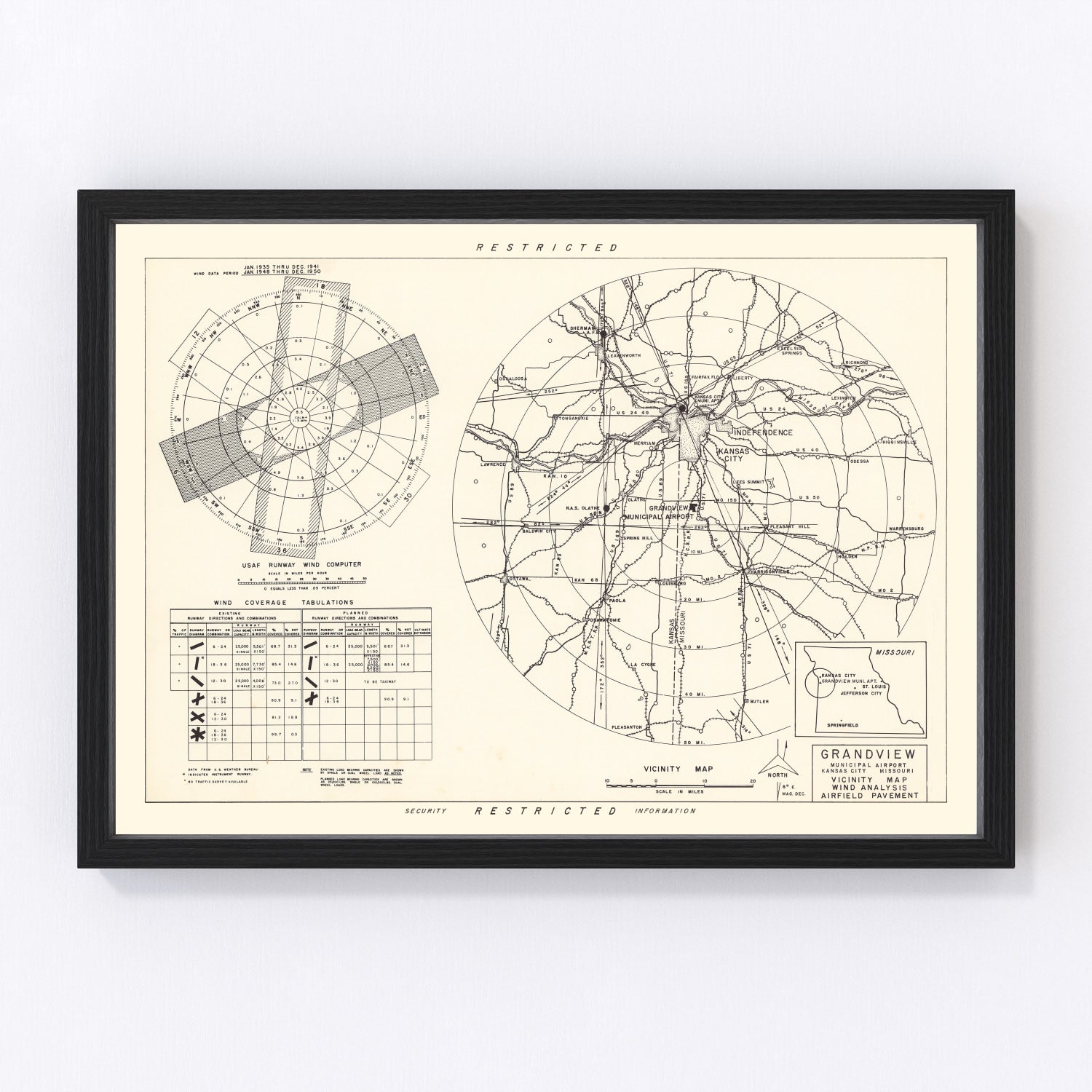 vintage map of Grandview Municipal Airport vicinity, Missouri, 1952