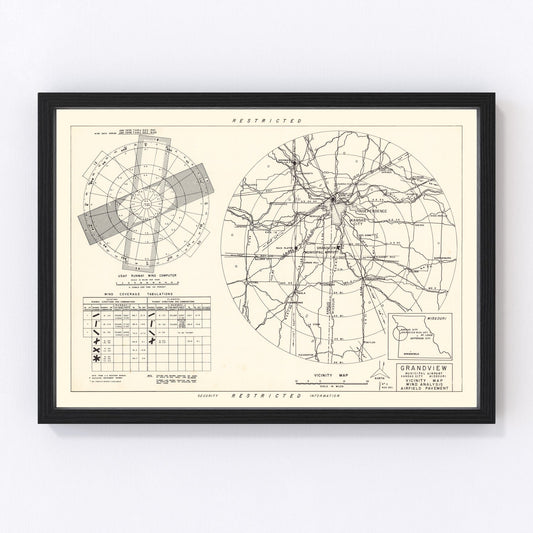 vintage map of Grandview Municipal Airport vicinity, Missouri, 1952