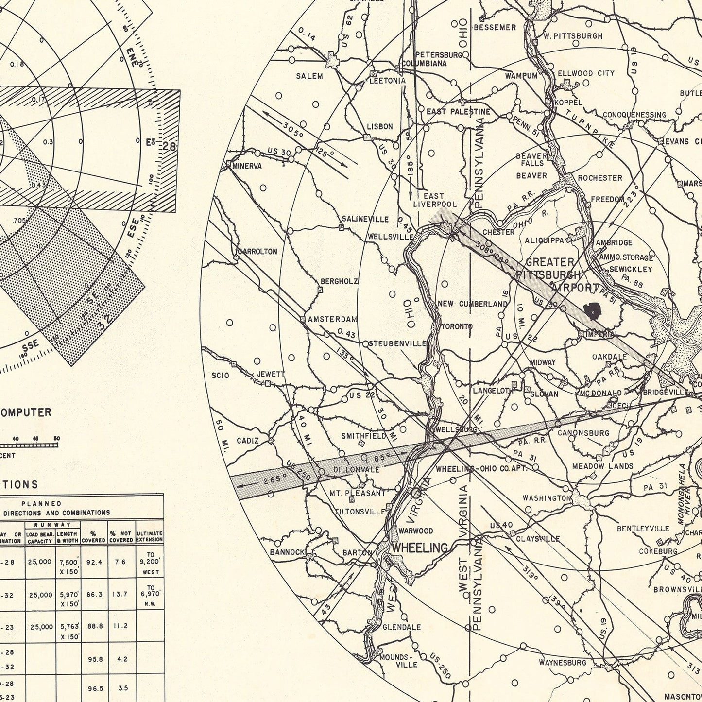 Vintage Map of Greater Pittsburgh Airport Vicinity, Pennsylvania, 1951