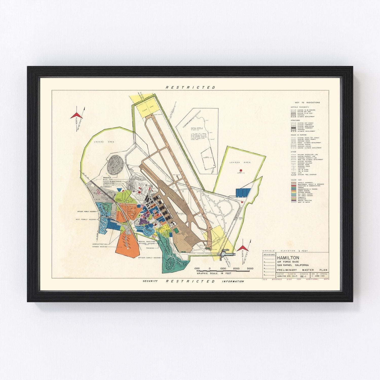 Vintage map of Hamilton Air Force Base, California, 1951