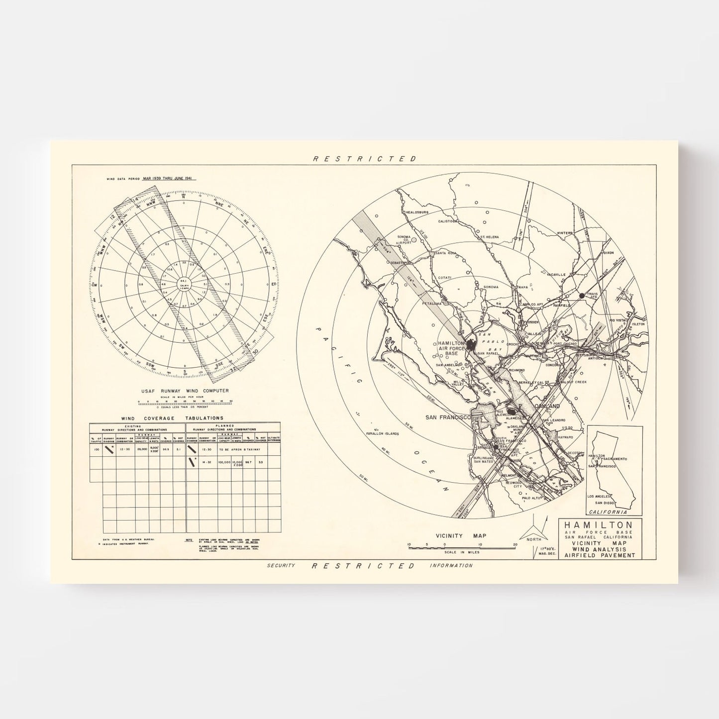 Vintage Map of Hamilton Air Force Base Vicinity, California, 1951