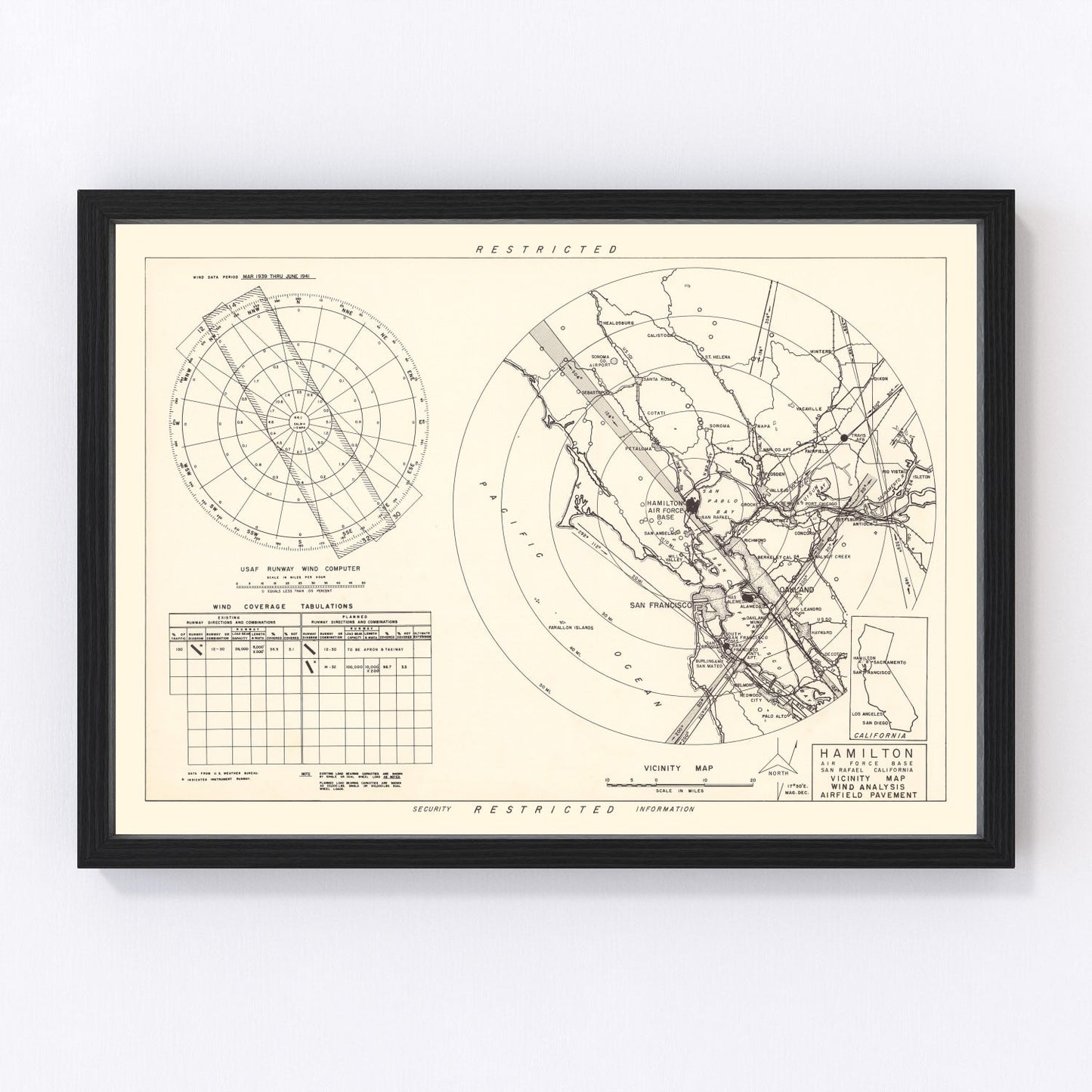 vintage map of Hamilton Air Force Base vicinity, Marin County, California, 1951