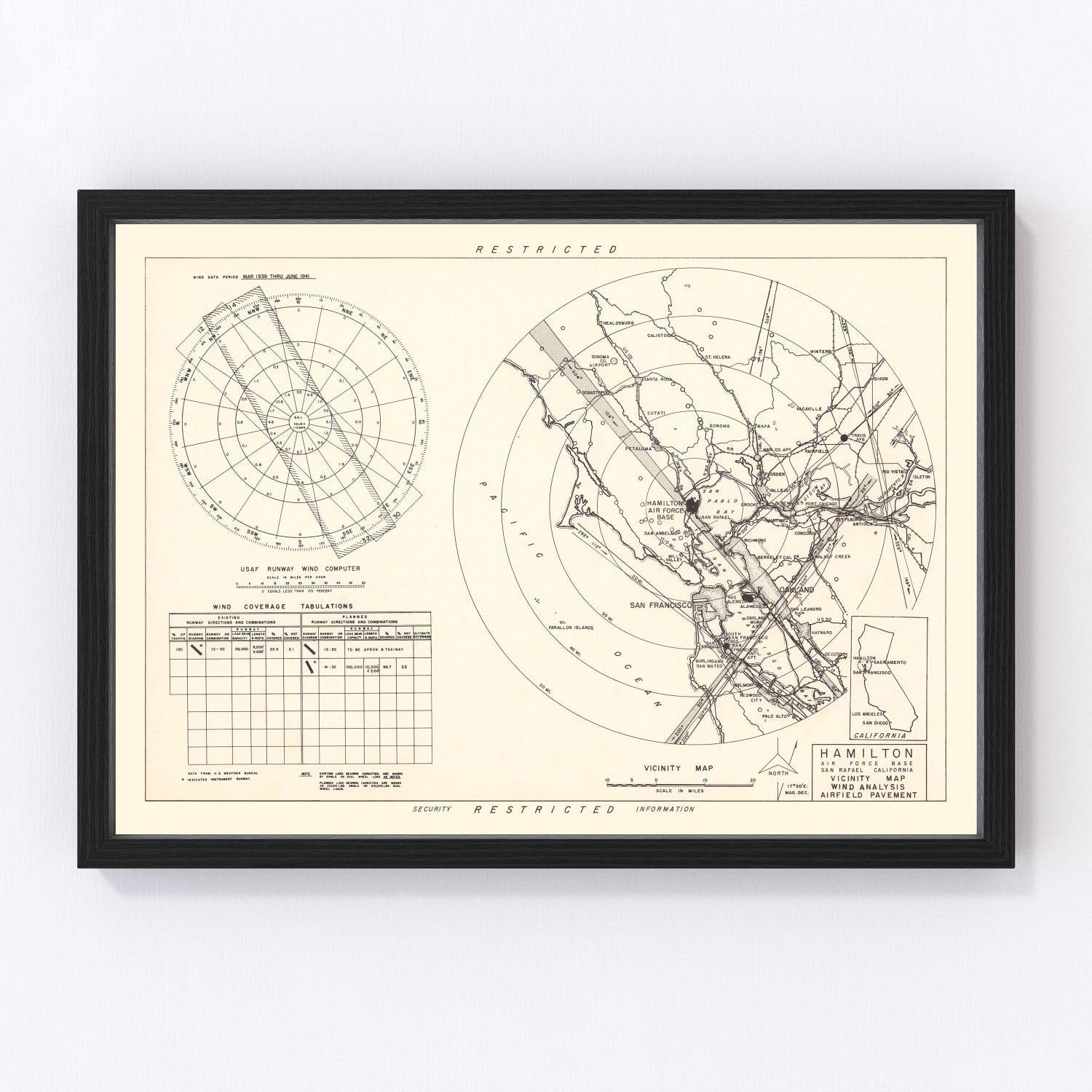 vintage map of Hamilton Air Force Base vicinity, Marin County, California, 1951