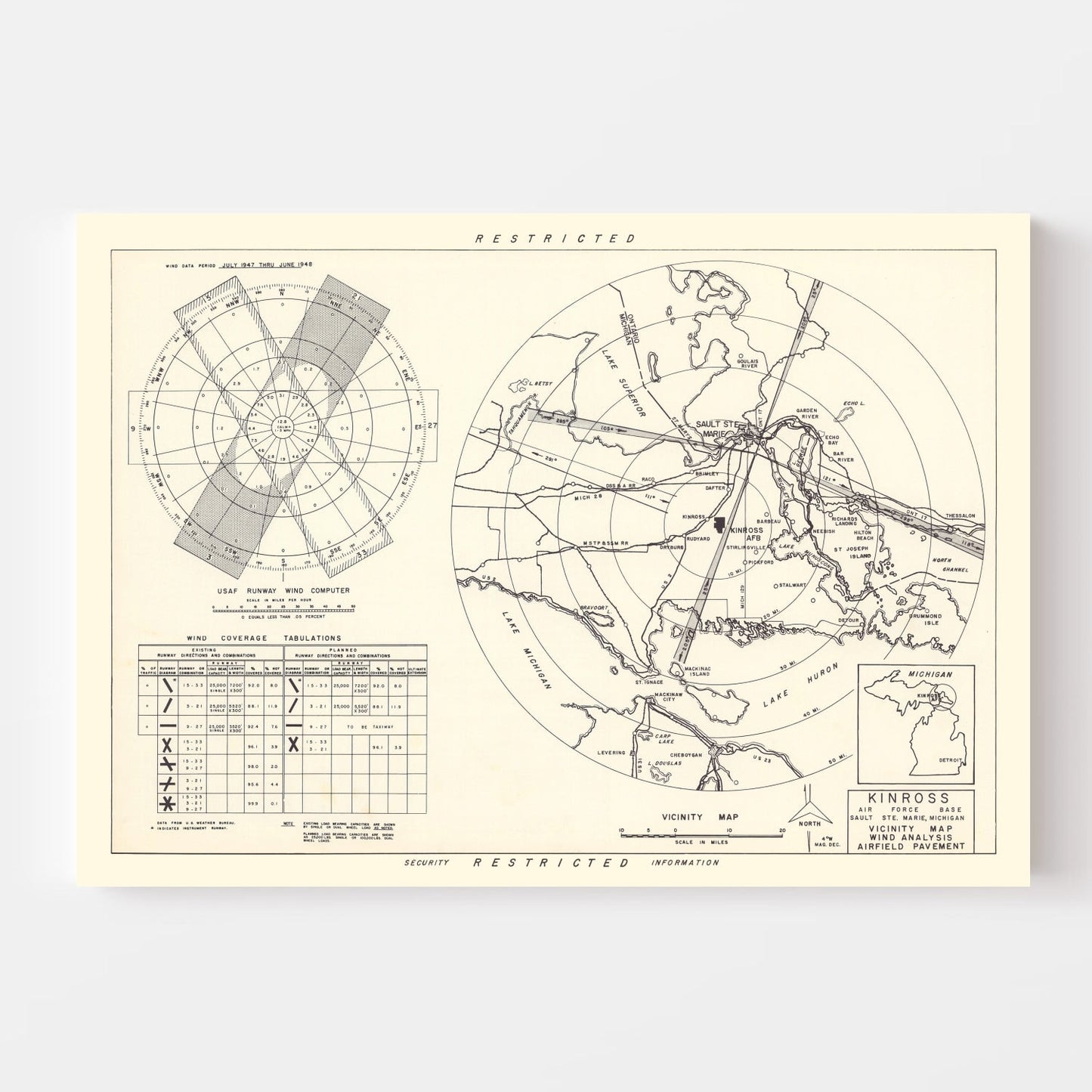 Vintage Map of Kinross Air Force Base Vicinity, Michigan, 1951