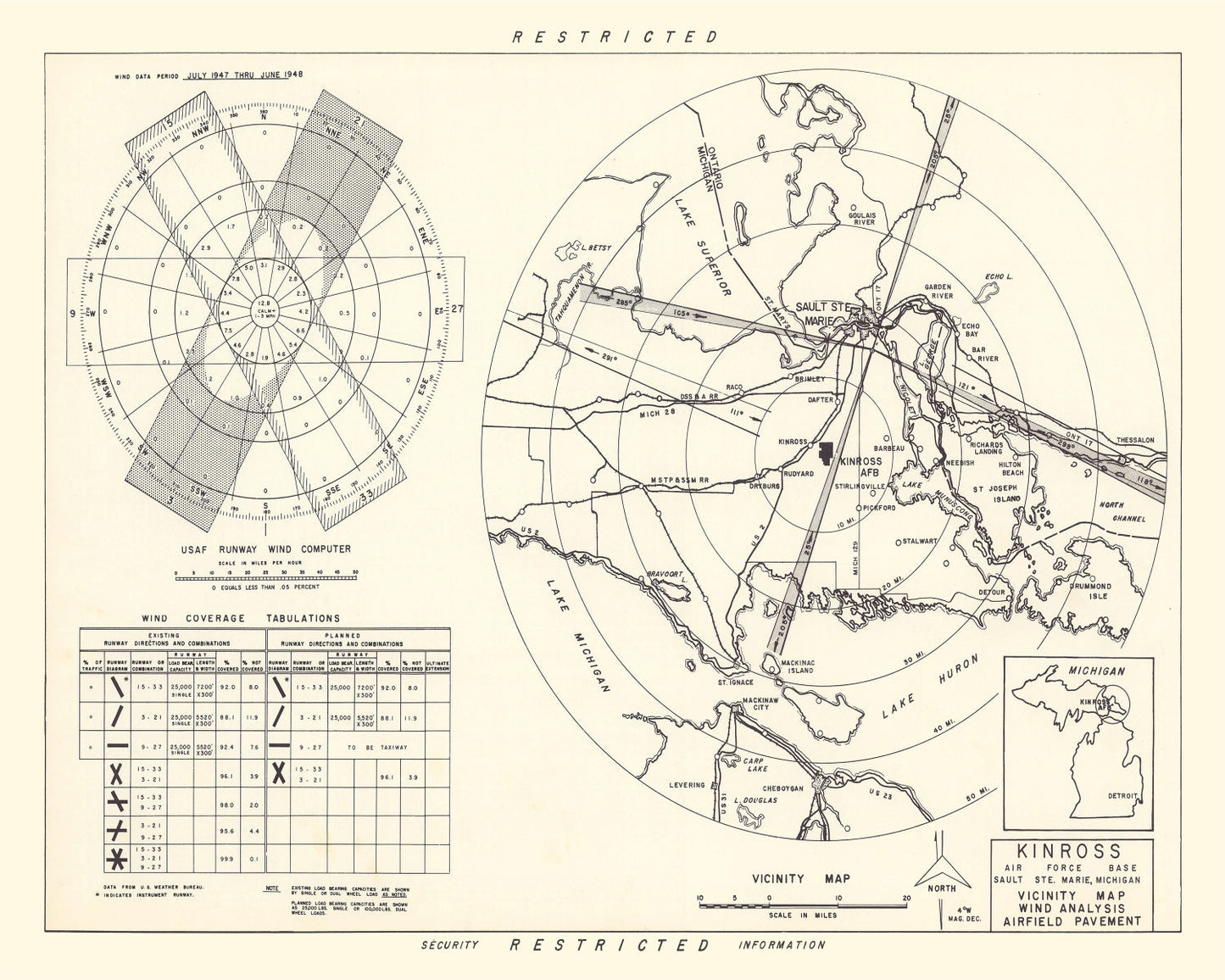 Vintage Map of Kinross Air Force Base Vicinity, Michigan, 1951