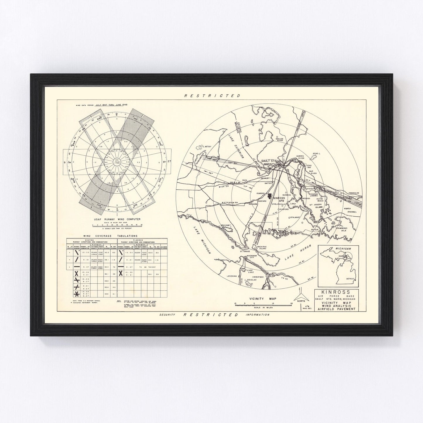vintage map of Kinross Air Force Base vicinity, Sault Sainte Marie, Michigan, 1951