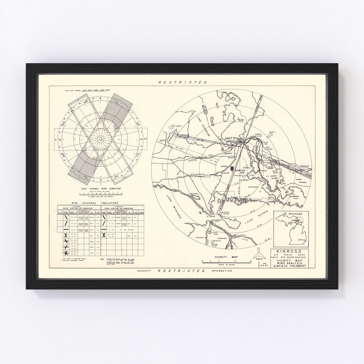 vintage map of Kinross Air Force Base vicinity, Sault Sainte Marie, Michigan, 1951