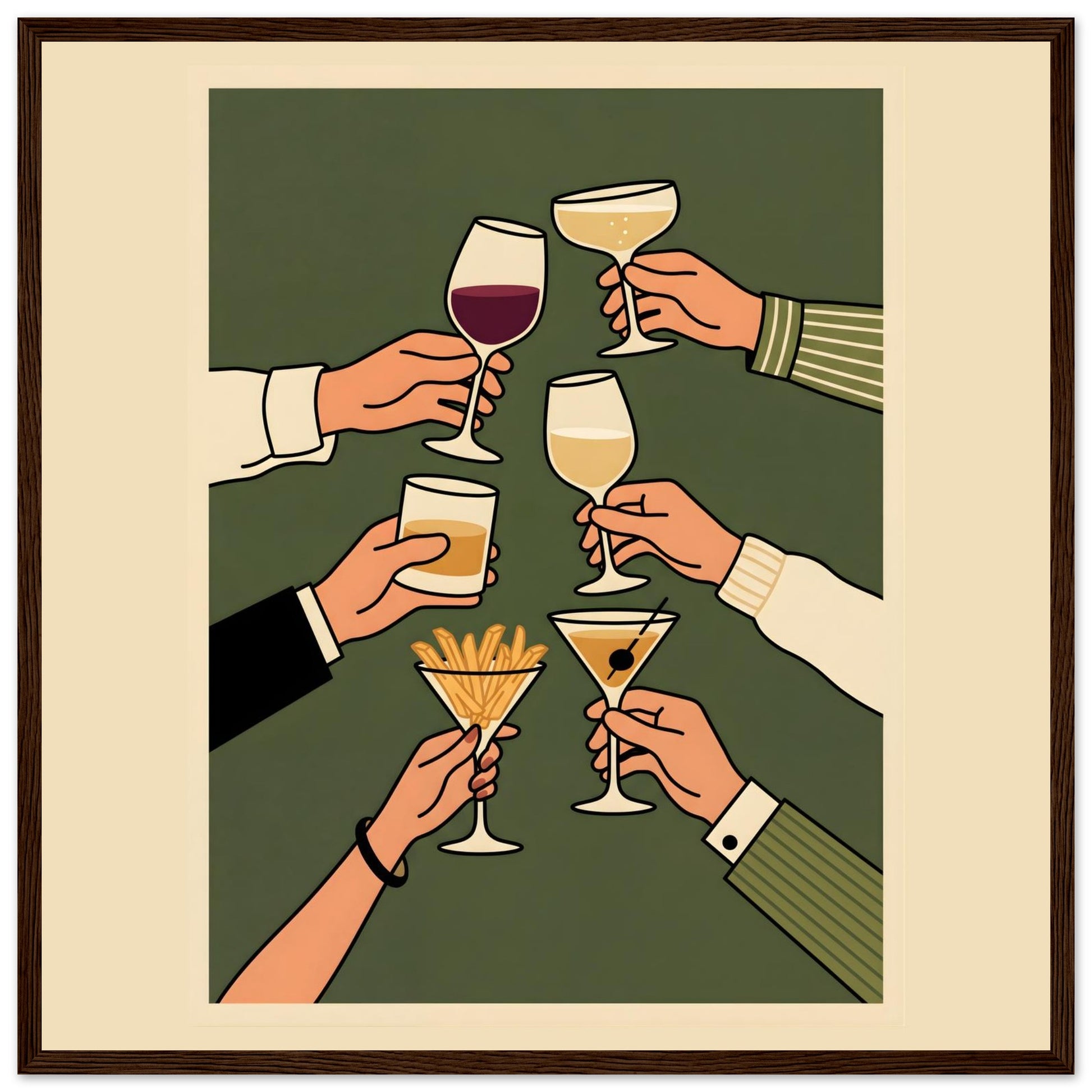 Retro Cheers Cocktail Toast Wall Art, Framed Bar Decor - 50x50 cm / 20x20″ - Dark wood frame / Ready-to-hang - Sparkycare