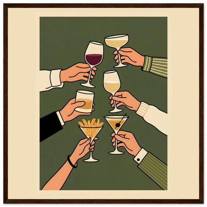 Retro Cheers Cocktail Toast Wall Art, Framed Bar Decor - 50x50 cm / 20x20″ - Dark wood frame / Ready-to-hang - Sparkycare