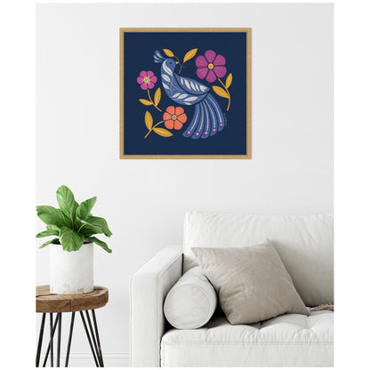 Boho Folk Art Bird Blue and Gold Framed Canvas Wall Art