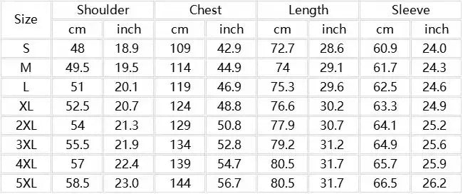Size chart for shoulder, chest, length, and sleeve measurements in centimeters and inches.