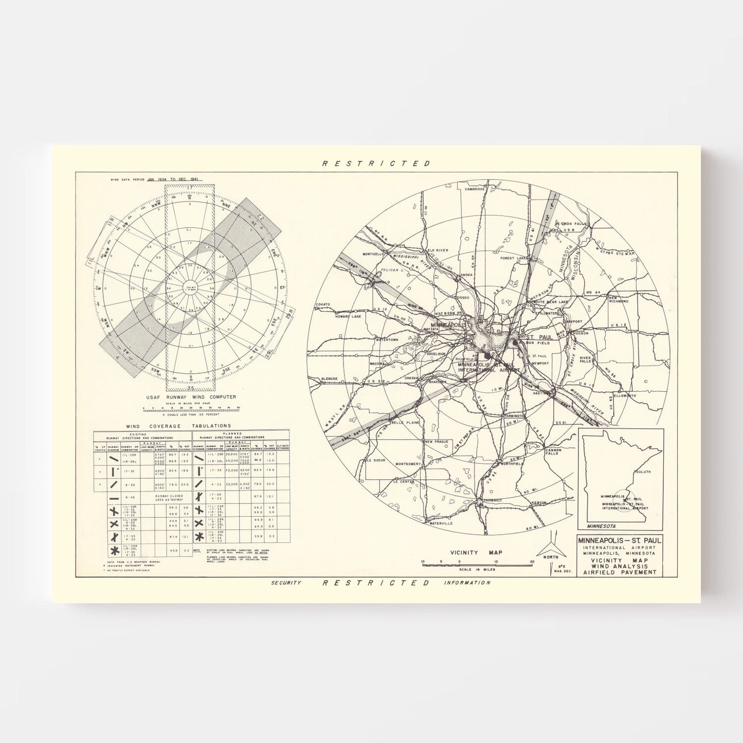 Vintage Map of Minneapolis-St. Paul Airport Vicinity, Minnesota, 1951