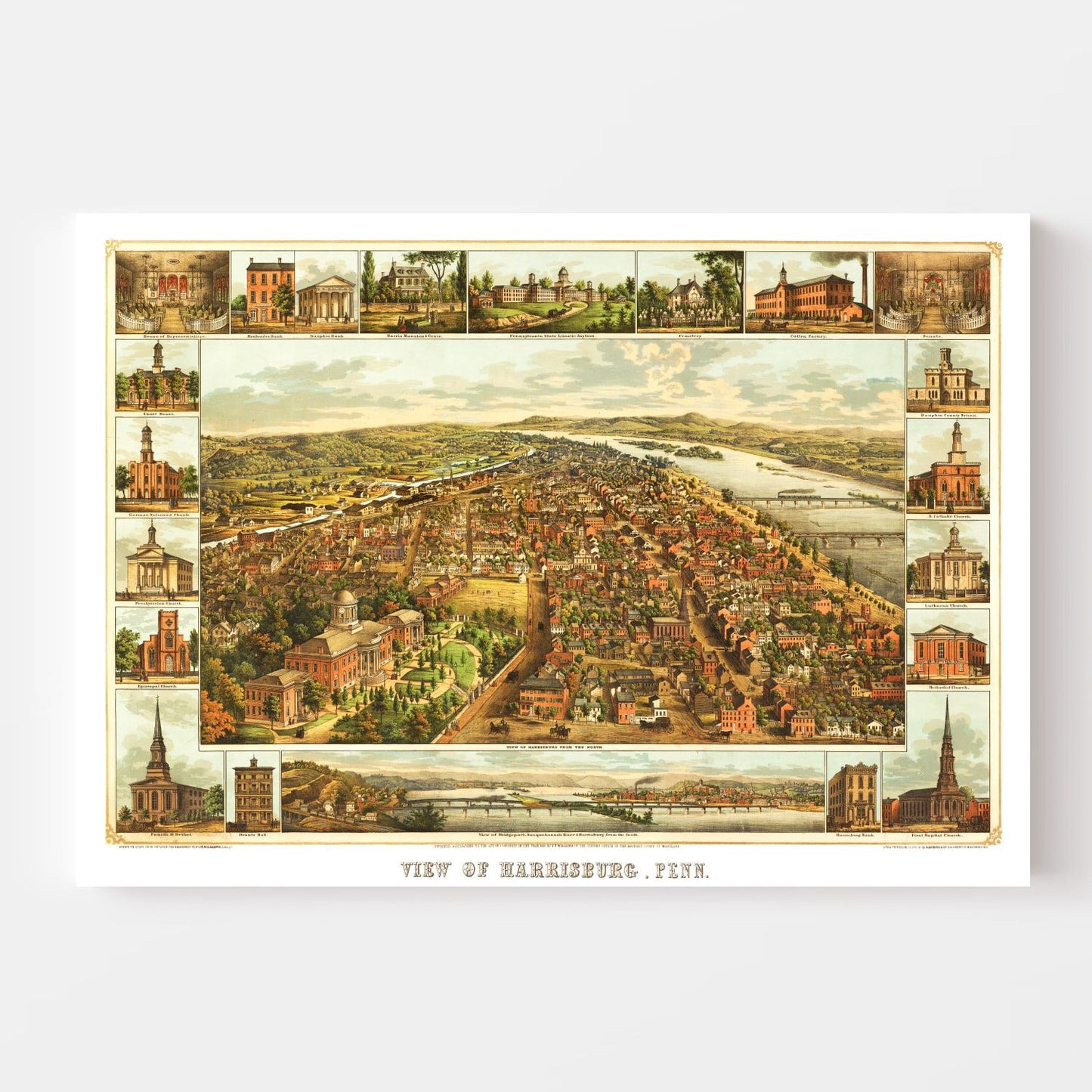 Vintage Map of Harrisburg, Pennsylvania, 1855