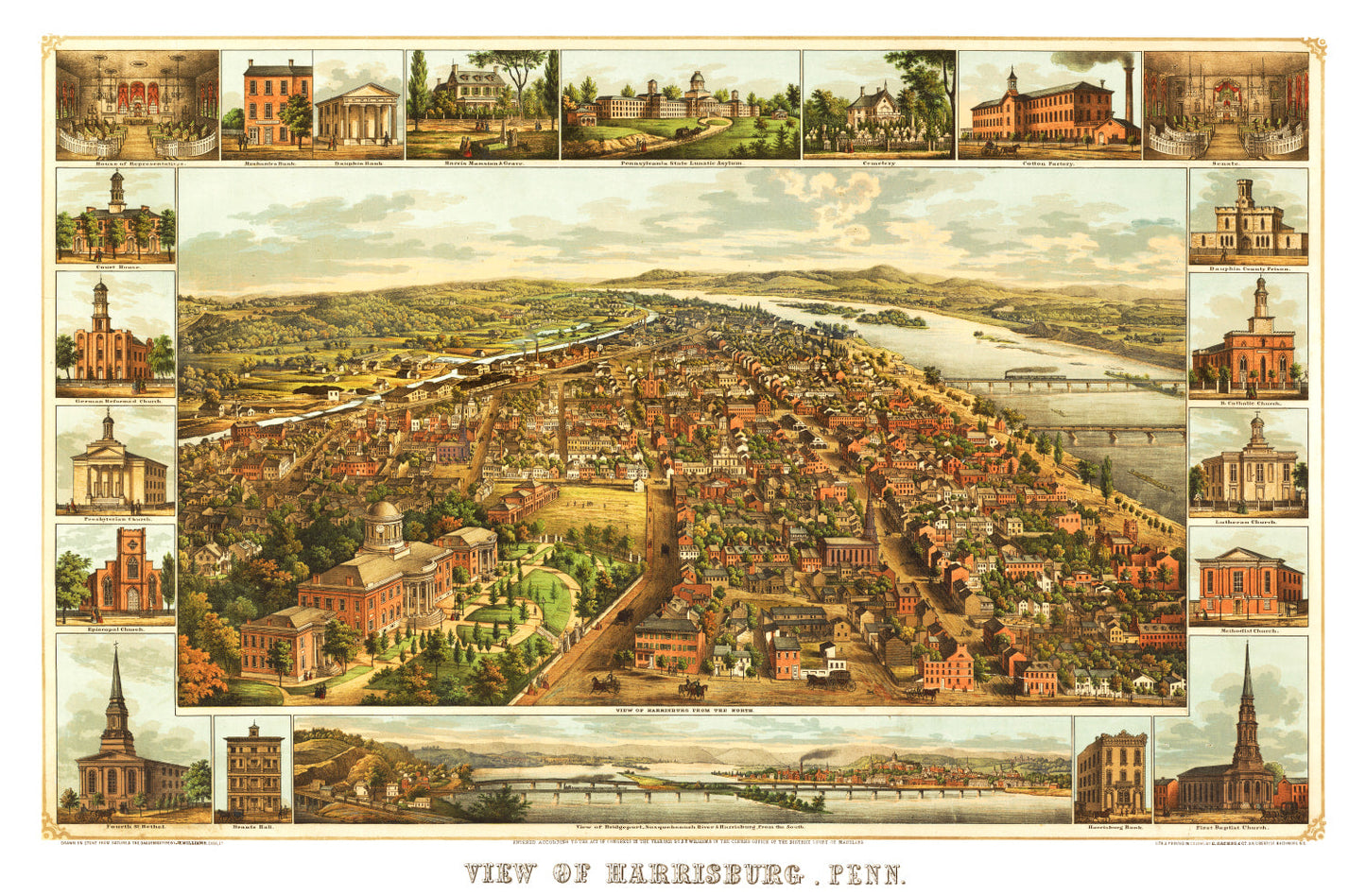 Vintage Map of Harrisburg, Pennsylvania, 1855