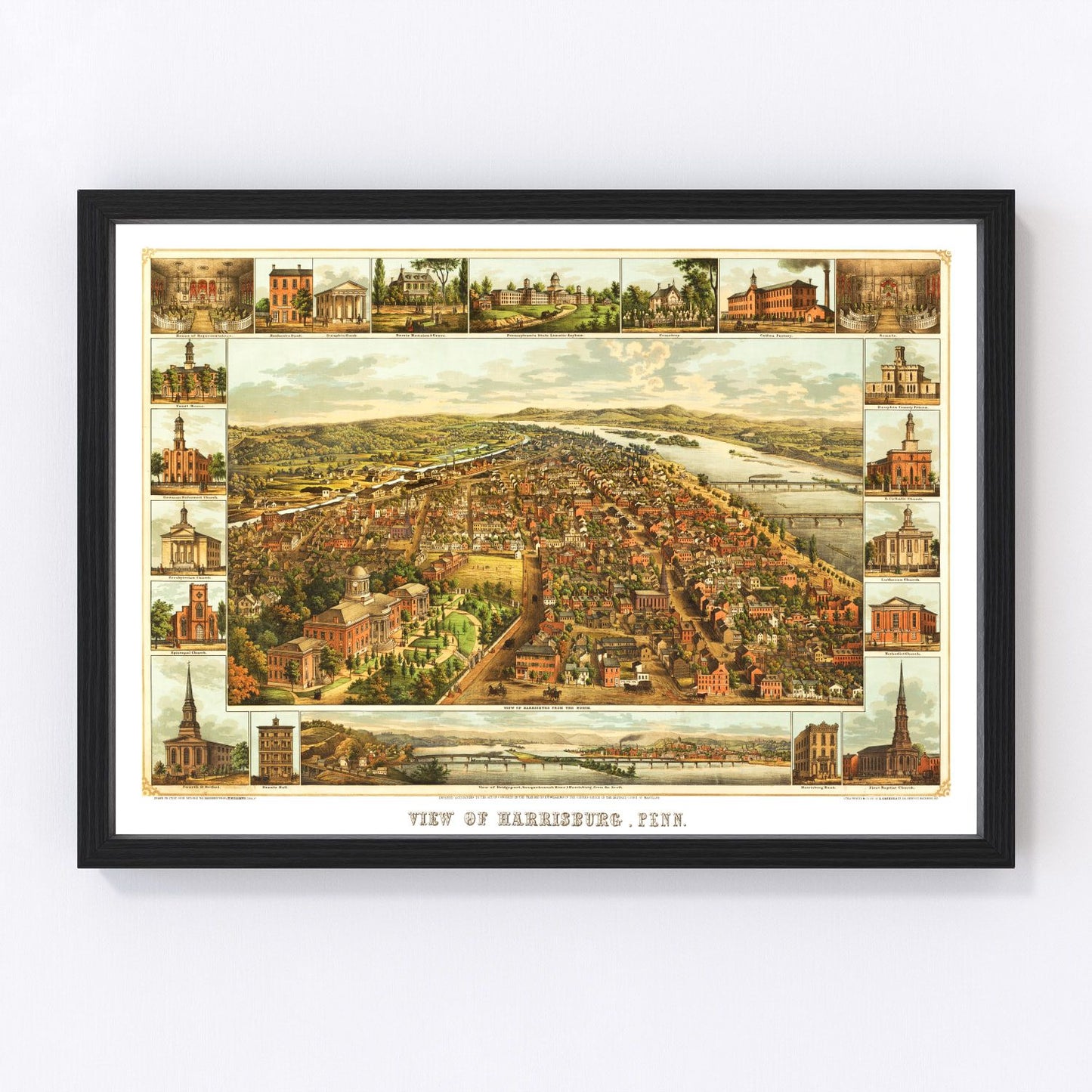 Vintage map of Harrisburg, Pennsylvania, 1855