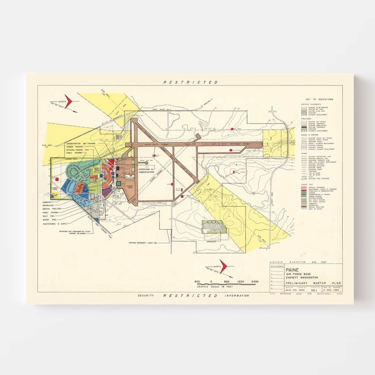 Vintage Map of Paine Air Force Base, Everett, Washington, 1952