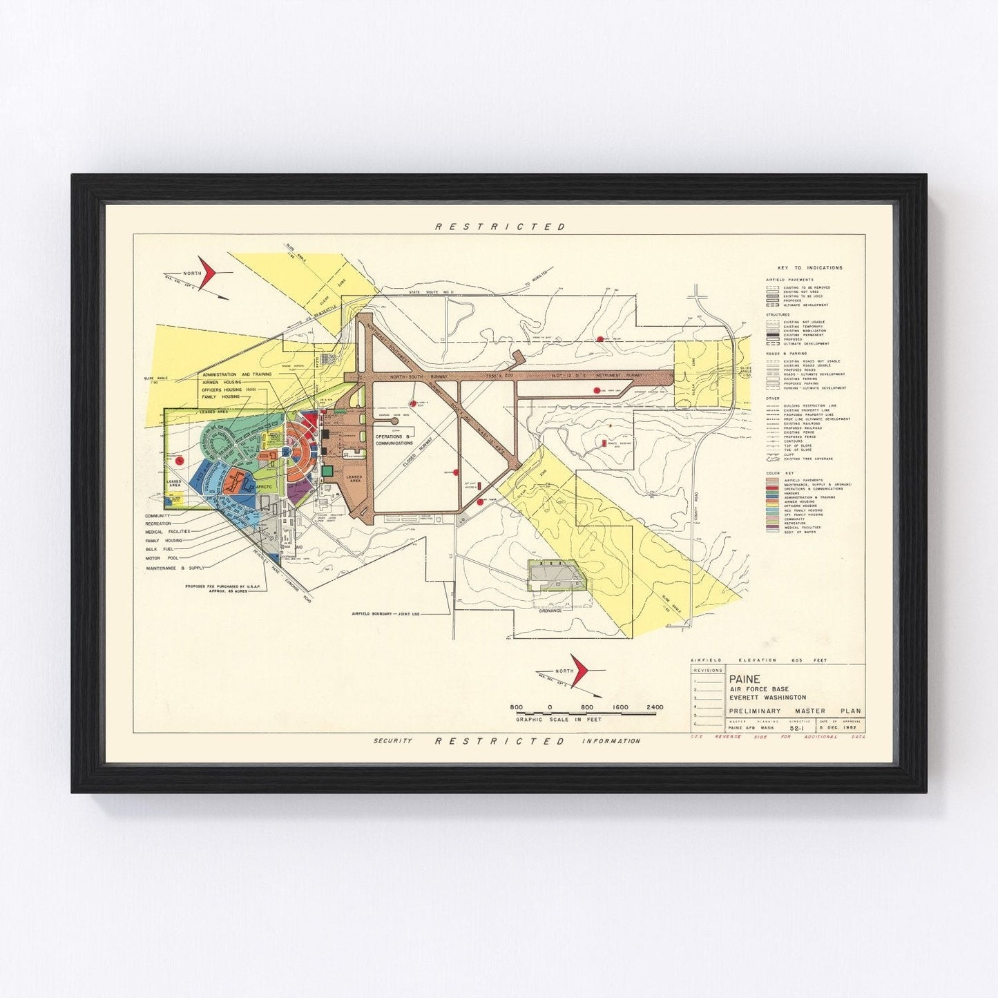 Vintage map of Paine Air Force Base, Everett, Washington, 1952