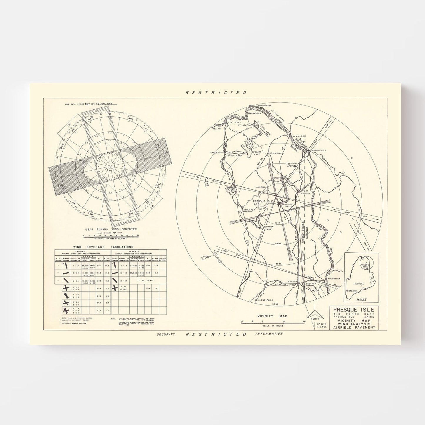 Vintage Map of Presque Isle Air Force Base, Maine, 1952