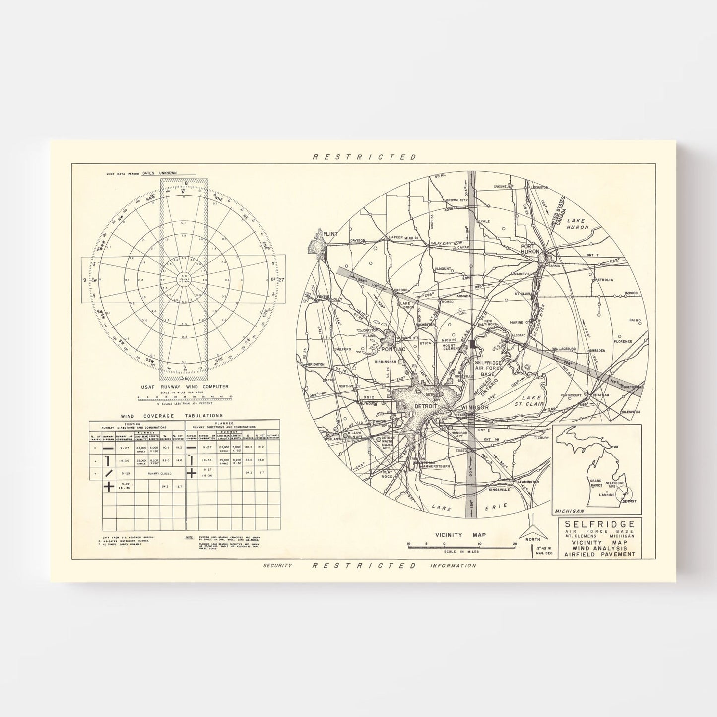 Vintage Map of Selfridge Air Force Base Vicinity, 1952