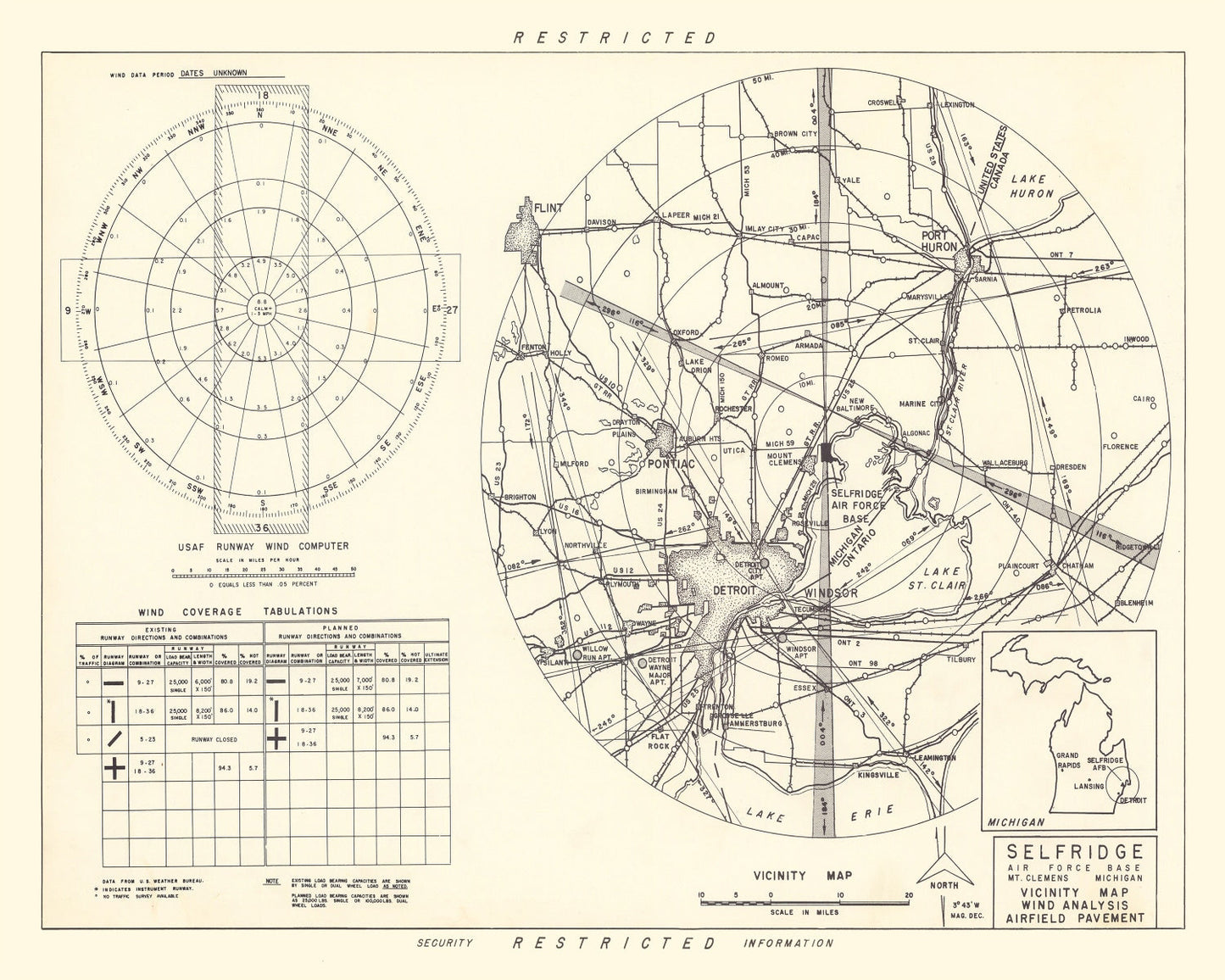 Vintage Map of Selfridge Air Force Base Vicinity, 1952