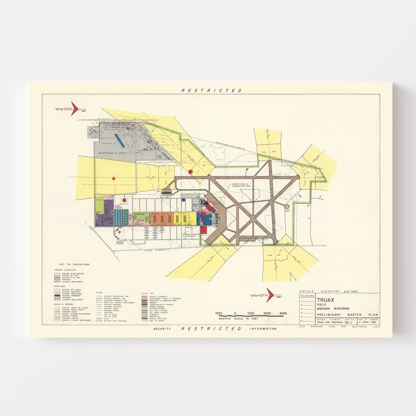 Vintage Map of Truax Field, Madison, Wisconsin, 1952